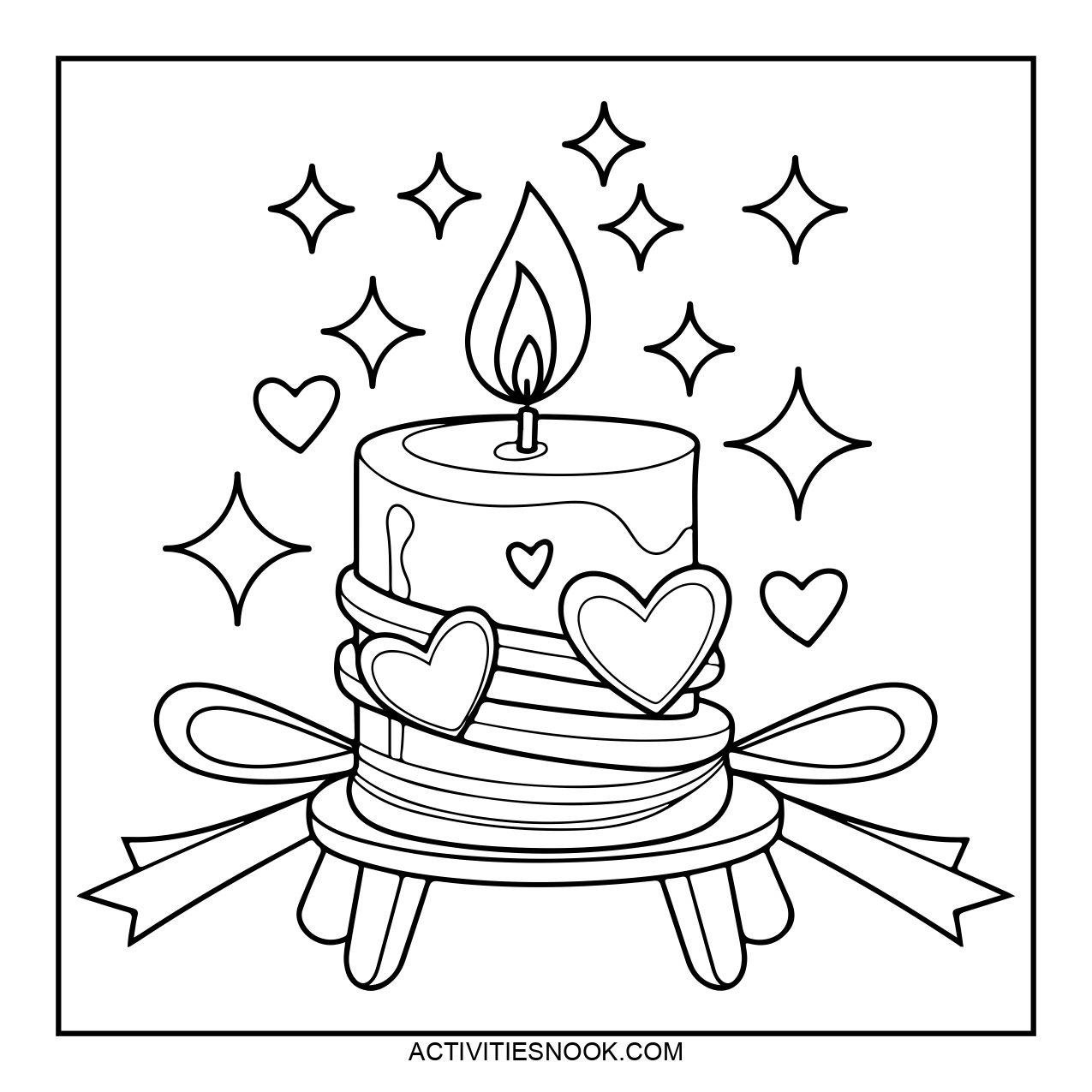 A black and white illustration of a candle, decorated with hearts and ribbons, with sparkles all around.