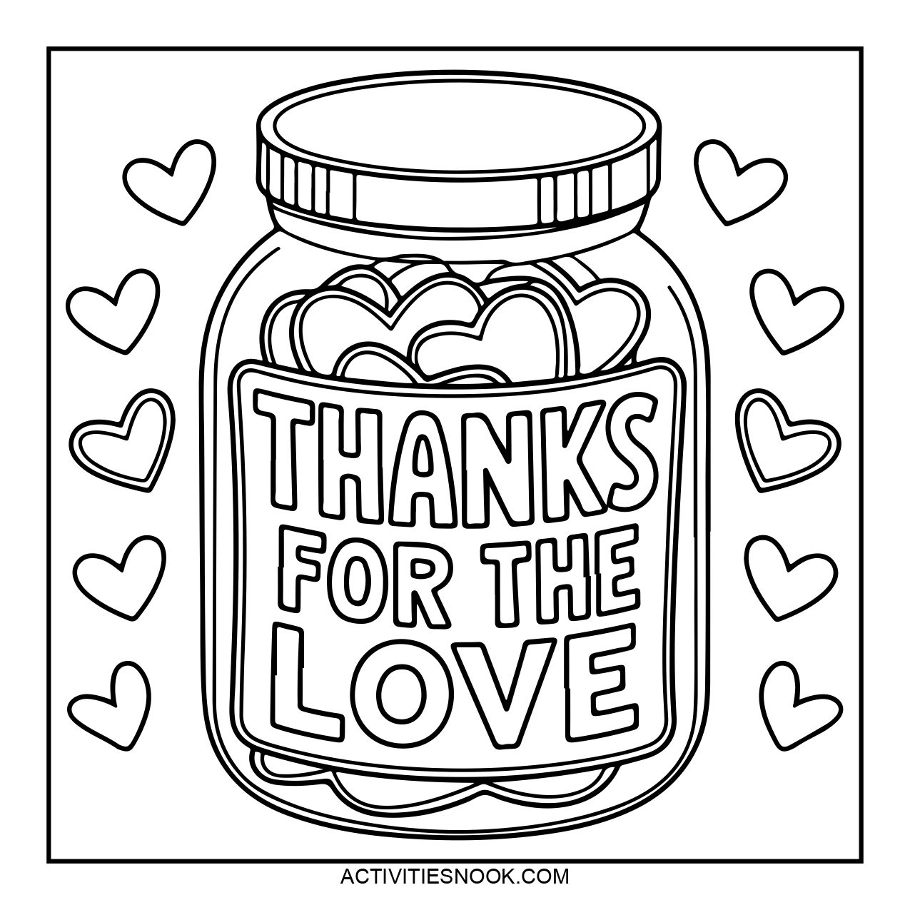 A jar filled with heart-shaped items, labeled 'THANKS FOR THE LOVE'.