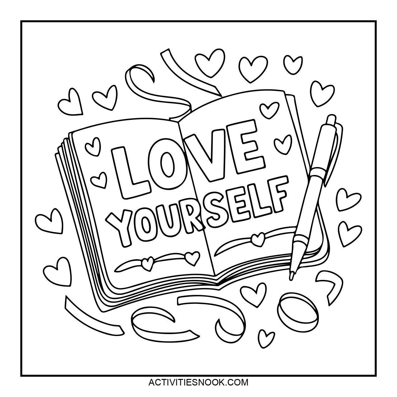 A coloring page of an open book with the text 'LOVE YOURSELF' prominently displayed. Surrounded by decorative hearts and a pen.