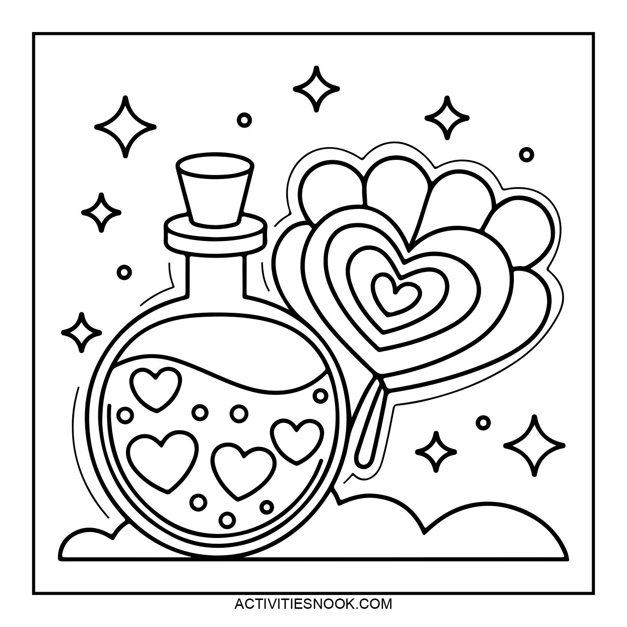 A potion bottle with hearts inside and a heart-shaped lollipop surrounded by stars and clouds.