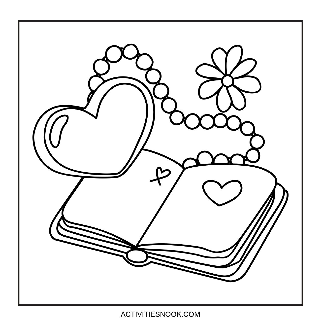 An open book with heart shapes, a flower, and a beaded necklace design.