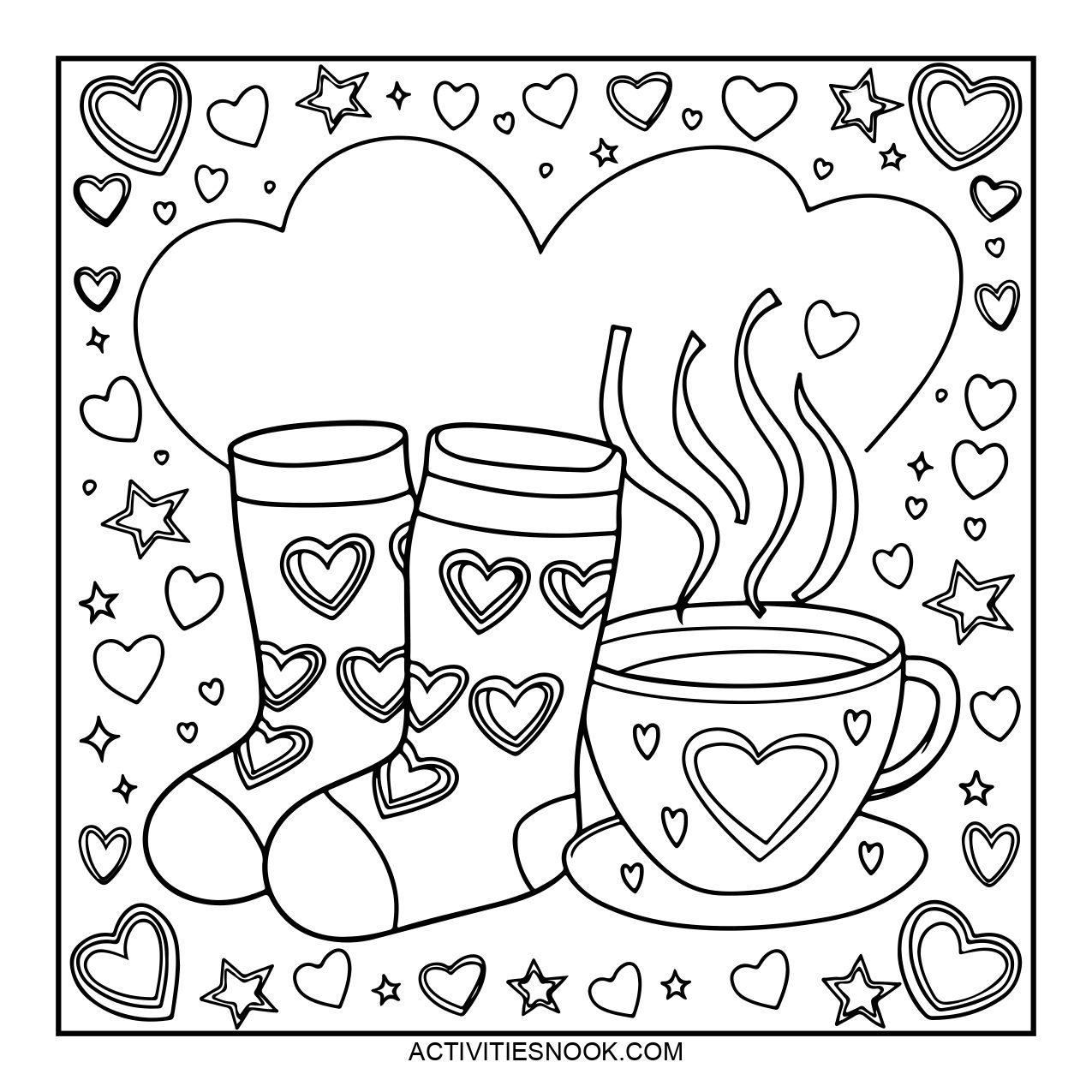 Coloring page of a cup with steam, a pair of socks adorned with hearts, and surrounding decorative hearts and stars.