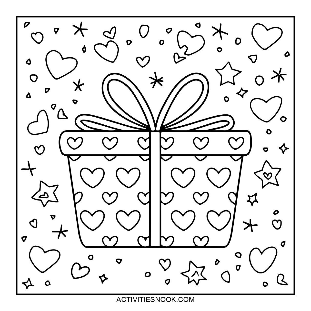 Coloring page of a gift box adorned with hearts and ribbons, surrounded by stars and smaller heart shapes.