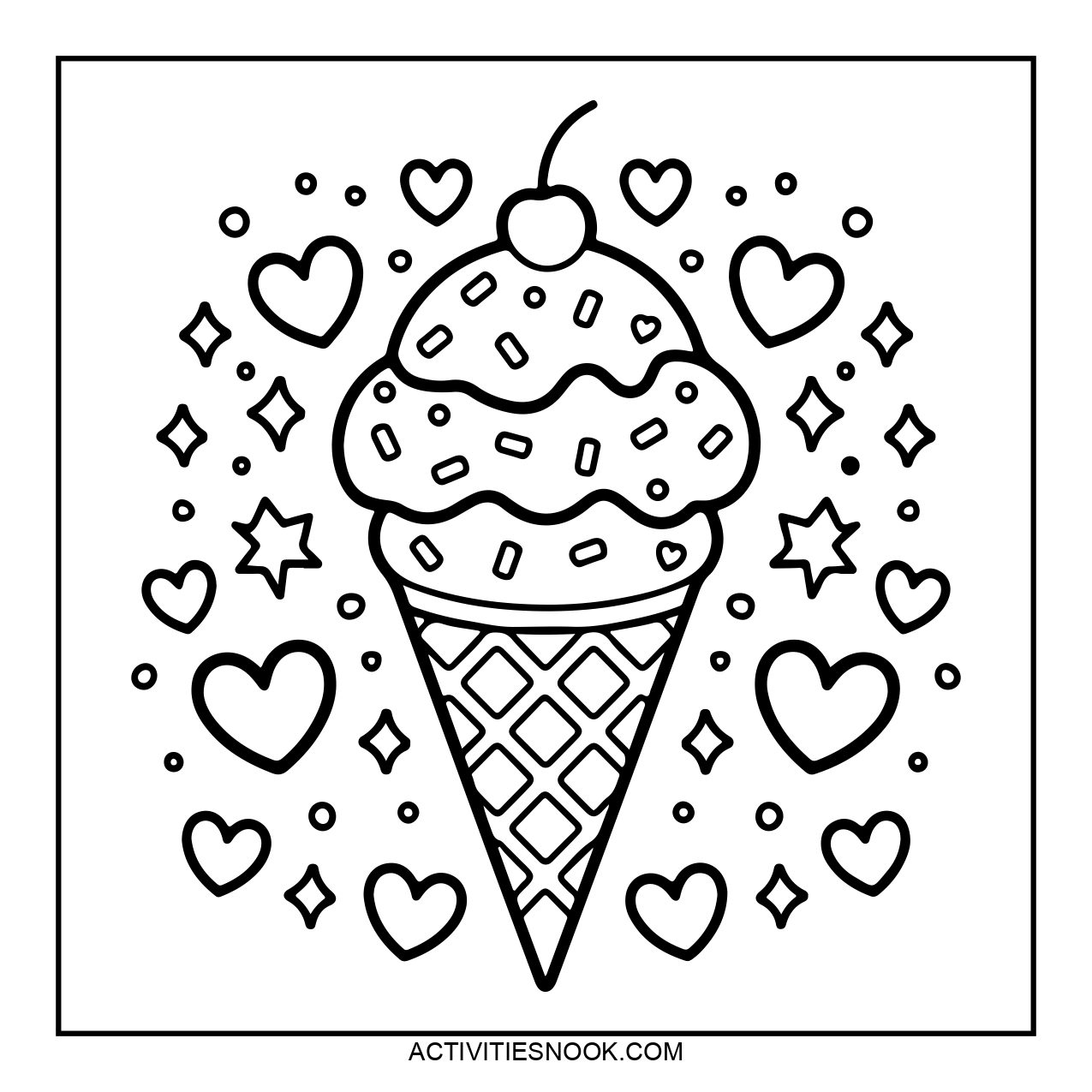 Coloring sheet of an ice cream cone topped with a cherry, surrounded by hearts and stars.