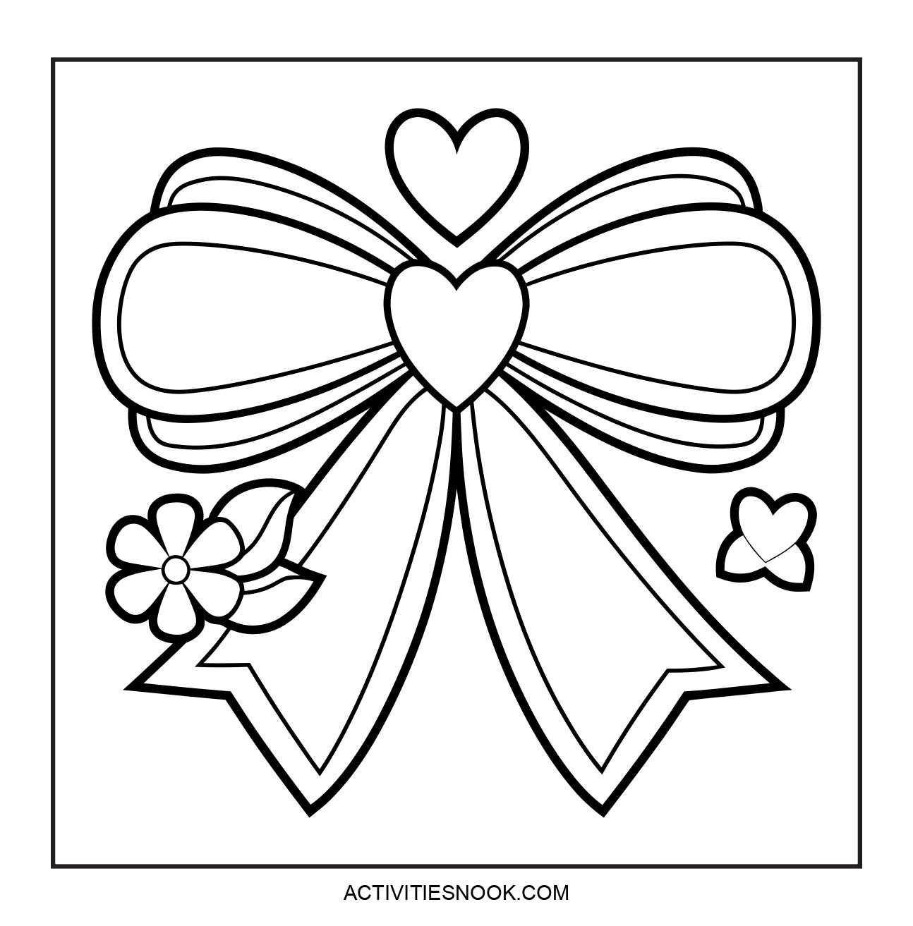 A black and white illustration of a bow with hearts and flowers for coloring.