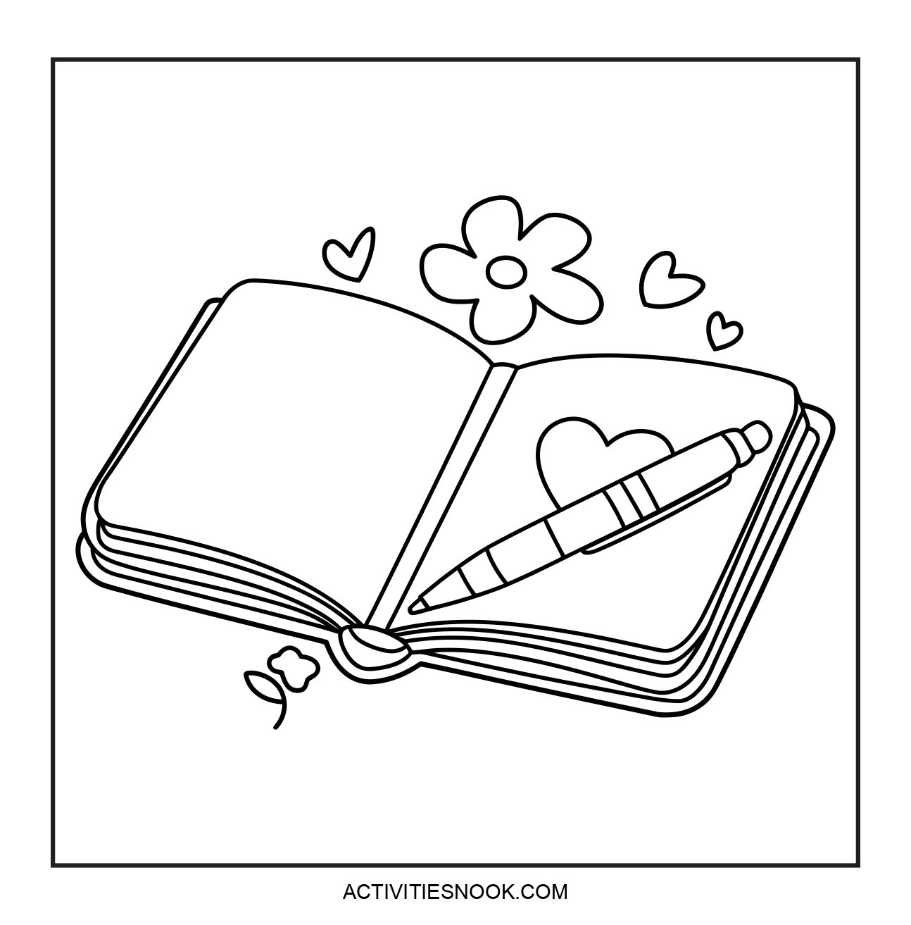 An open notebook with a pen, decorated with flowers and hearts.