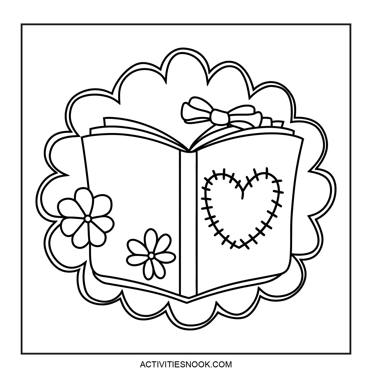 A coloring page of an open book with a heart design and flowers.