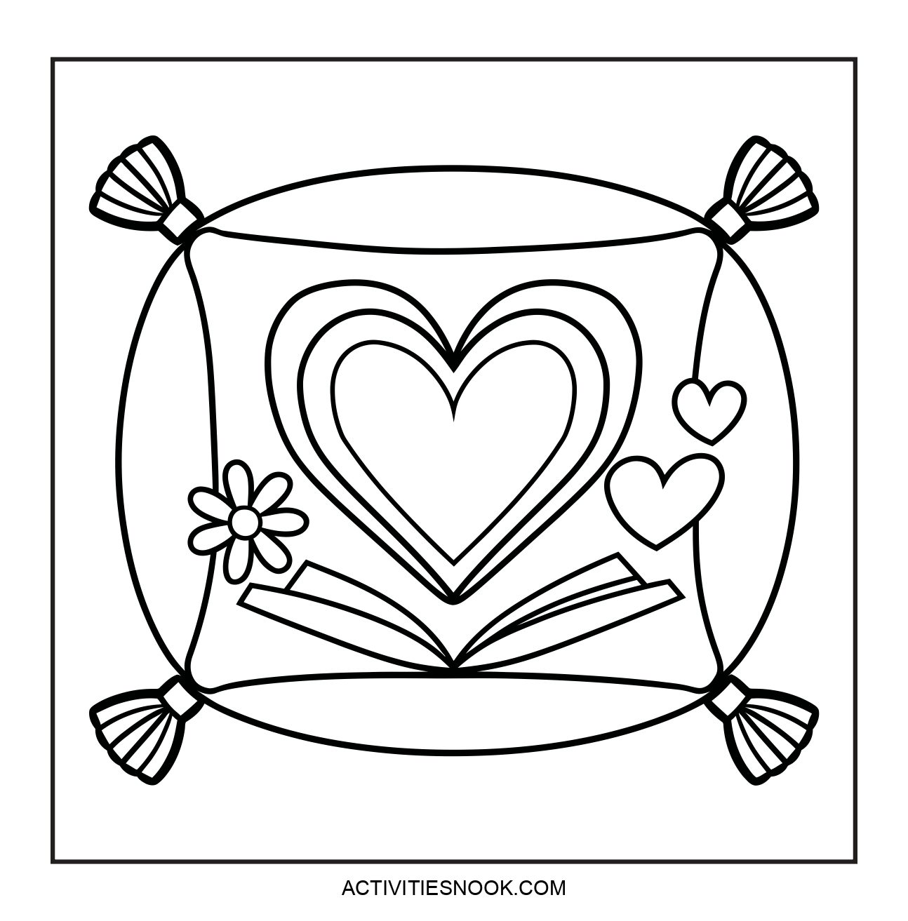 A coloring page of a cushion with a heart design, flowers, and an open book.