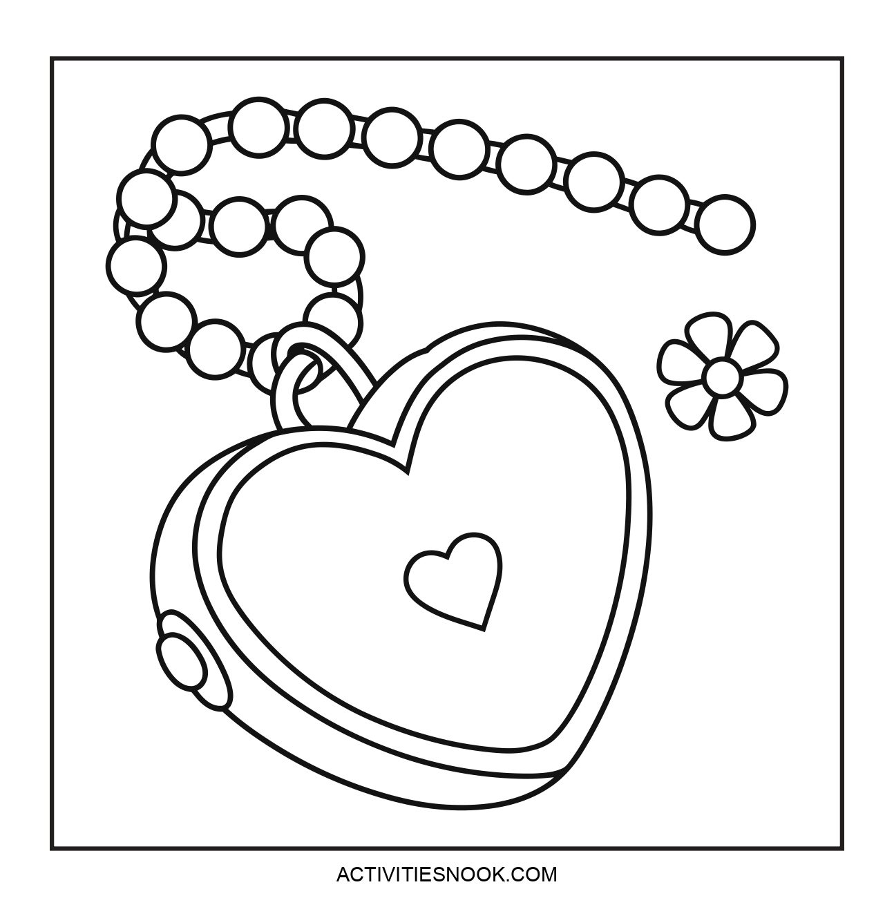 A heart-shaped locket with a chain and a decorative bead design. Accompanied by a small flower illustration