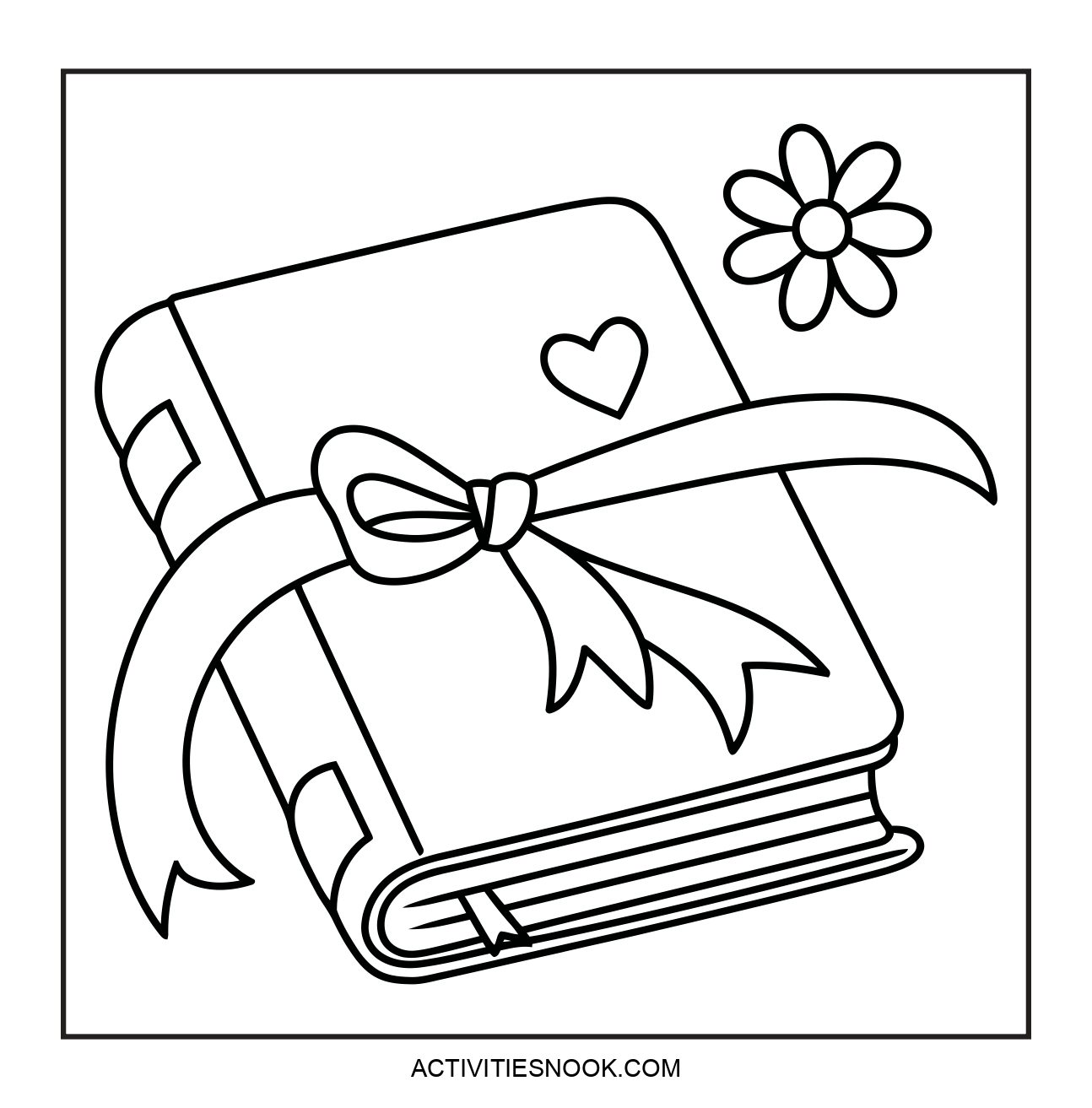 A coloring page of a closed book wrapped with a ribbon, adorned with a heart and a flower.