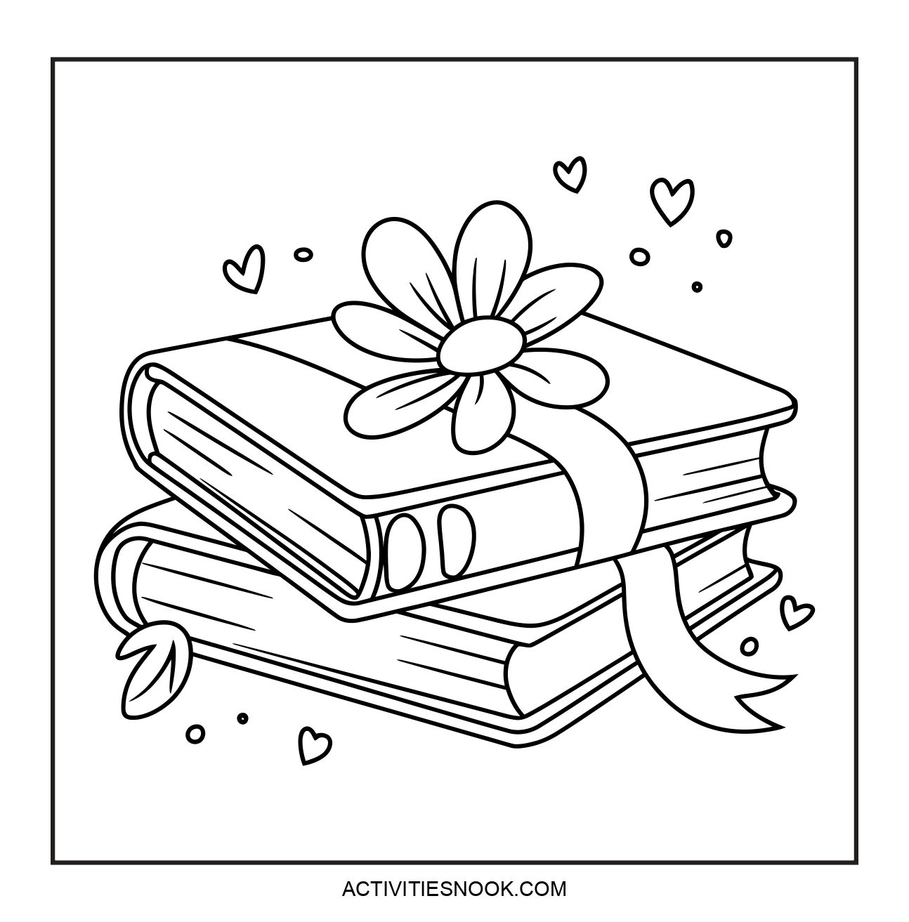 Two stacked books with a ribbon and a flower on top. The design includes small hearts and a leaf, suitable for coloring activities.