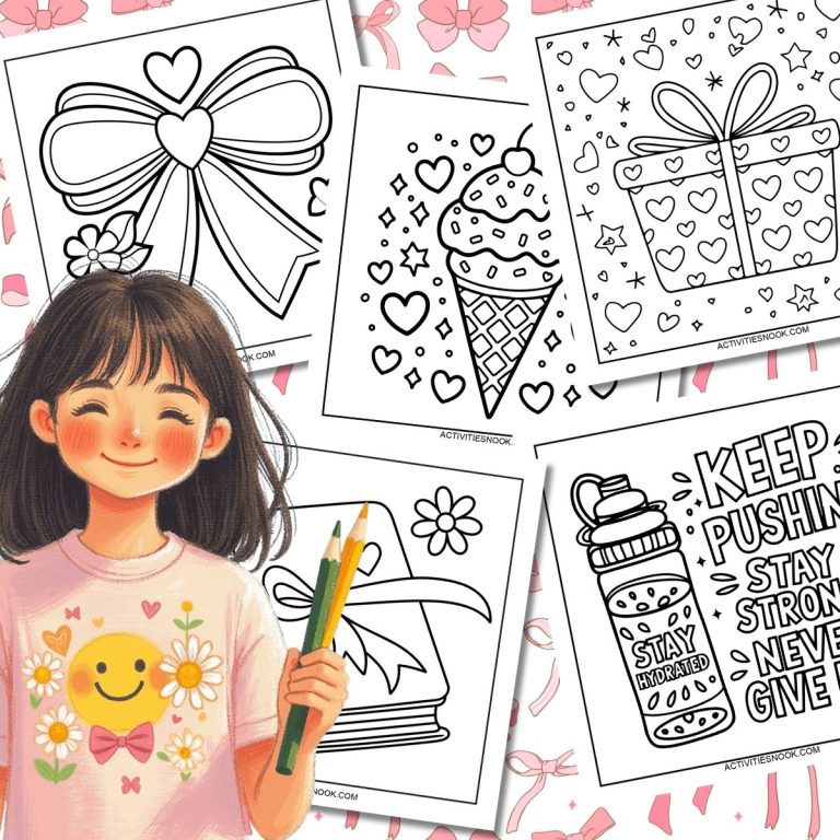 Collection of preppy coloring pages including a bow, ice cream cone, and gift box, with a girl holding colored pencils.