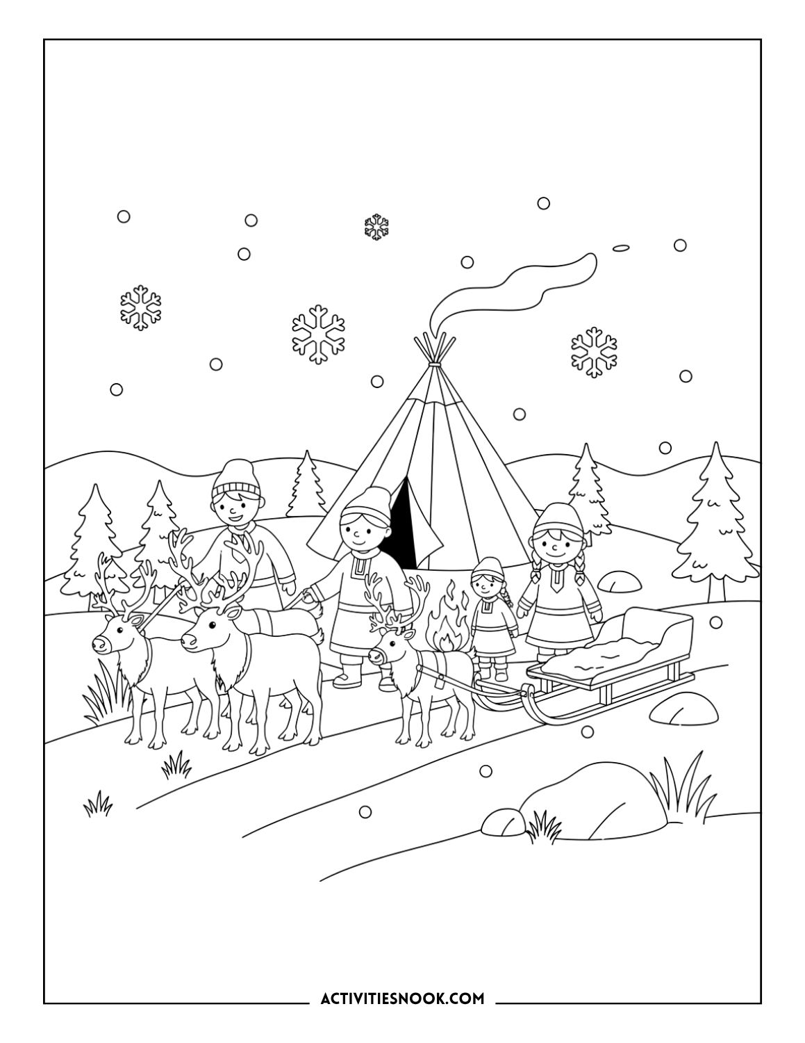 Sámi family with reindeer, sled, and tent in a snow-covered forest scene.