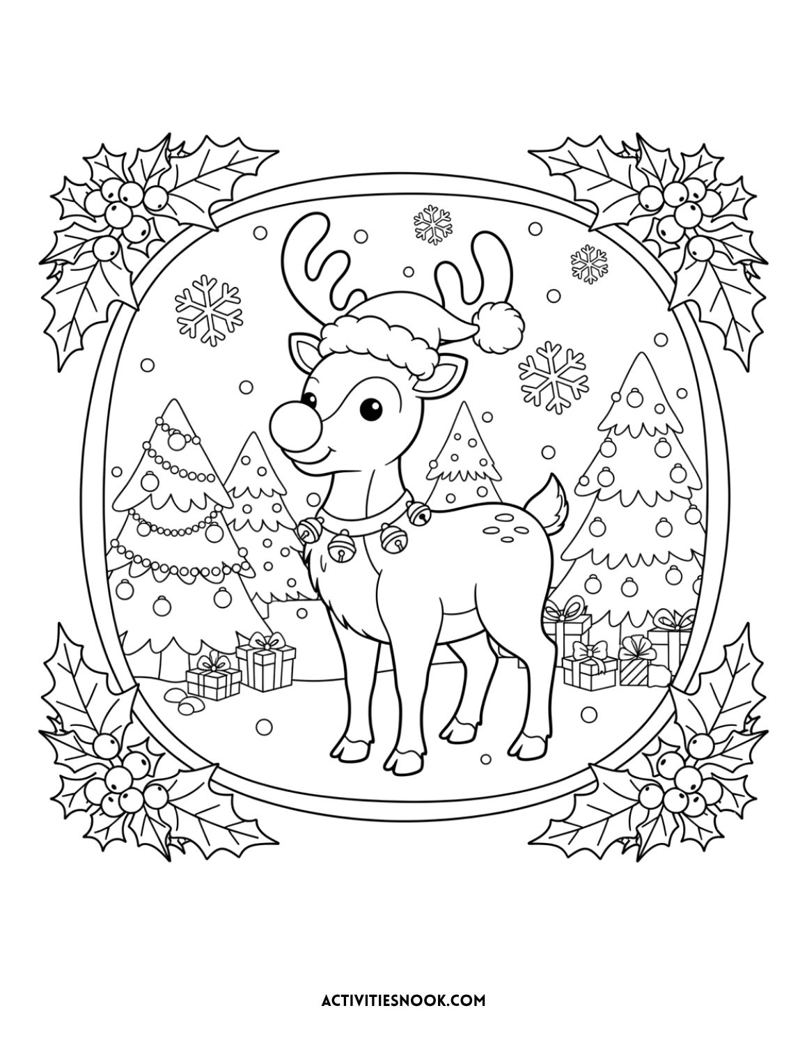 Reindeer in Santa hat with Christmas trees, presents, and holly decorations.