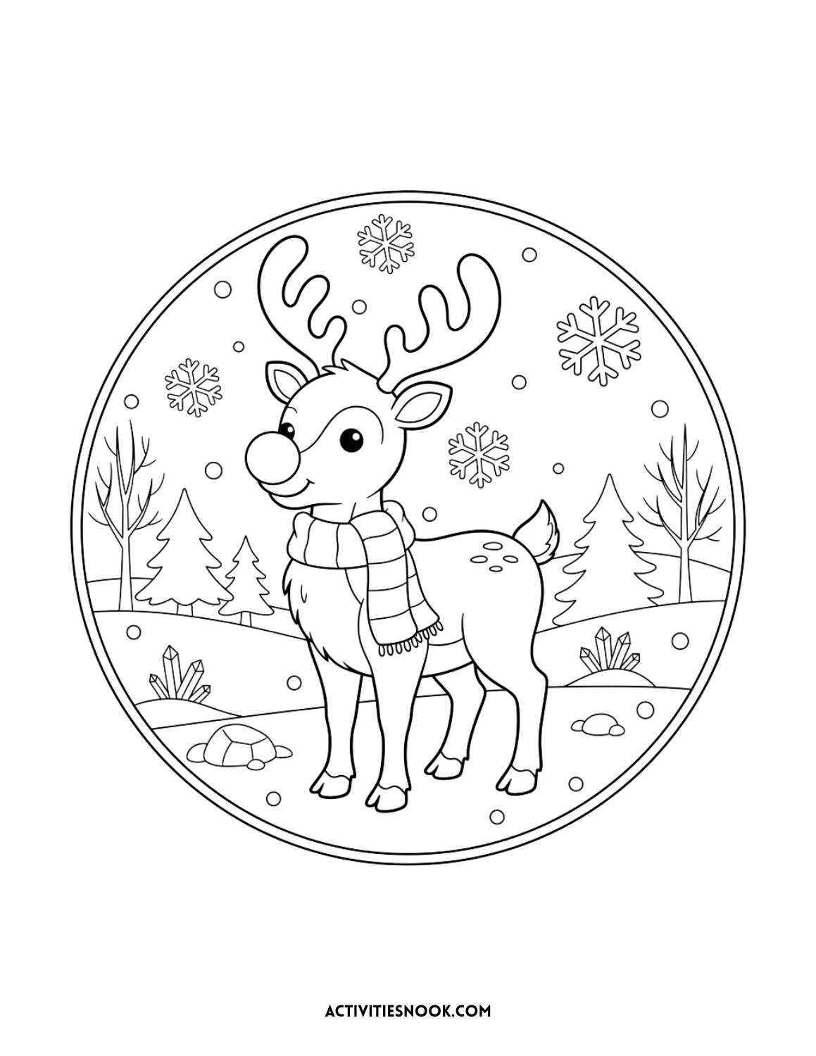 Reindeer wearing scarf with falling snowflakes and winter trees in the background.