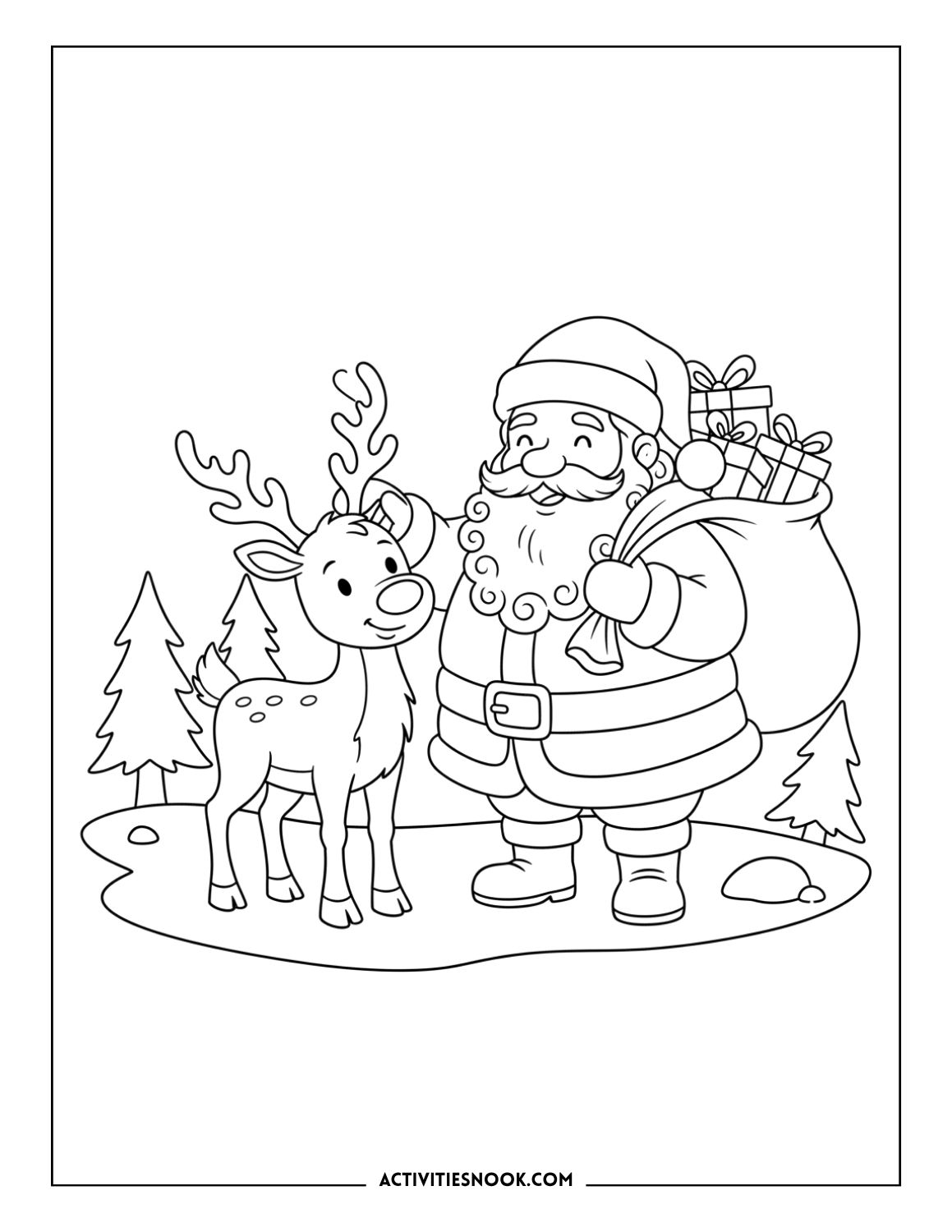 Santa Claus standing with his reindeer and a large bag of presents in a snowy forest.