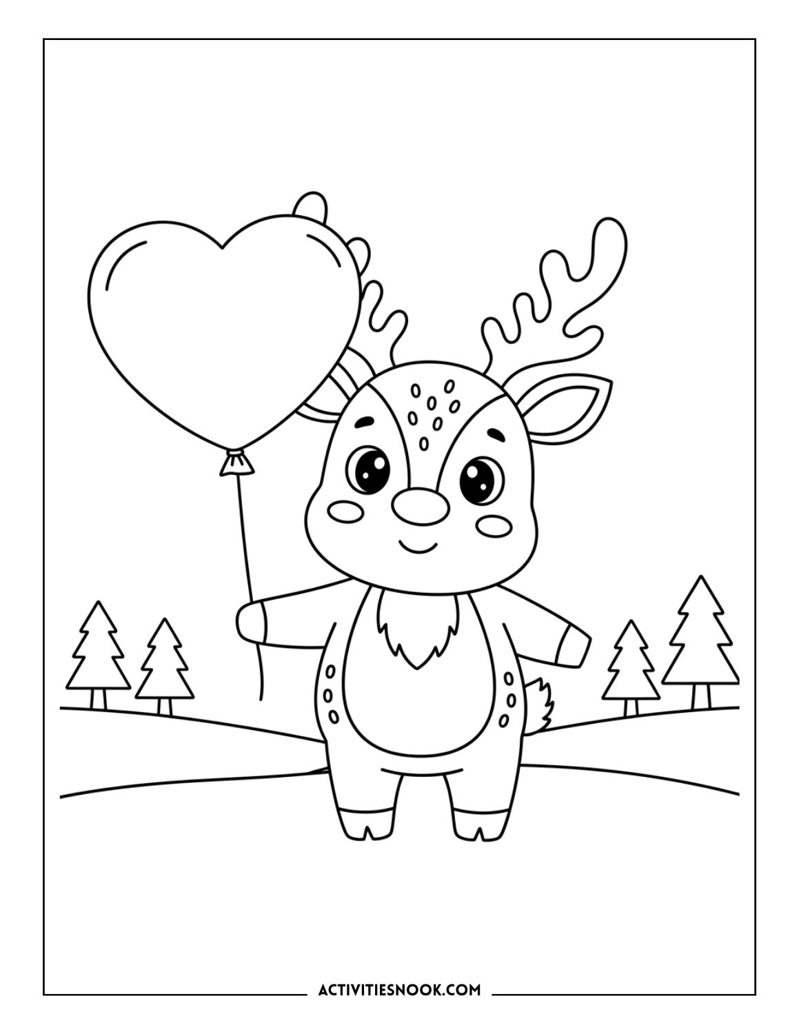 Cute Valentine cartoon reindeer holding a heart balloon in a snowy landscape.