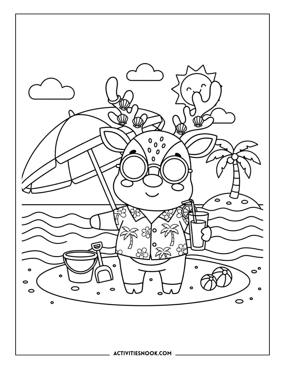 Reindeer in Hawaiian shirt under an umbrella holding a drink by the ocean.