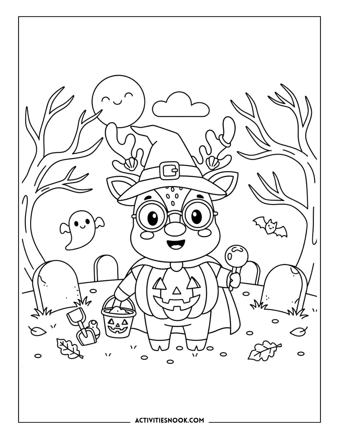 Cartoon reindeer in pumpkin outfit holding candy bucket in a Halloween graveyard scene.