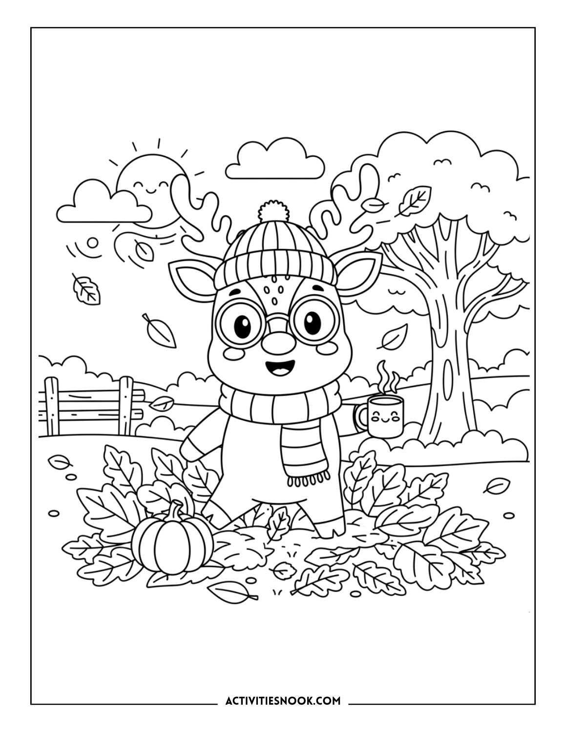 Reindeer wearing warm clothes surrounded by autumn leaves, tree, and pumpkin.