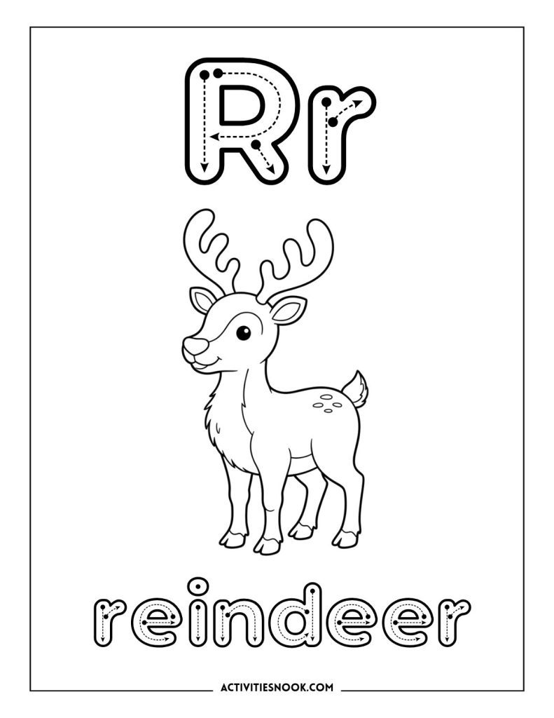 Educational coloring page showing letter R and a reindeer for preschool learning.