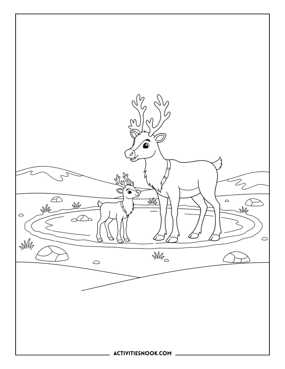 Reindeer and young calf standing beside a frozen pond in the tundra.