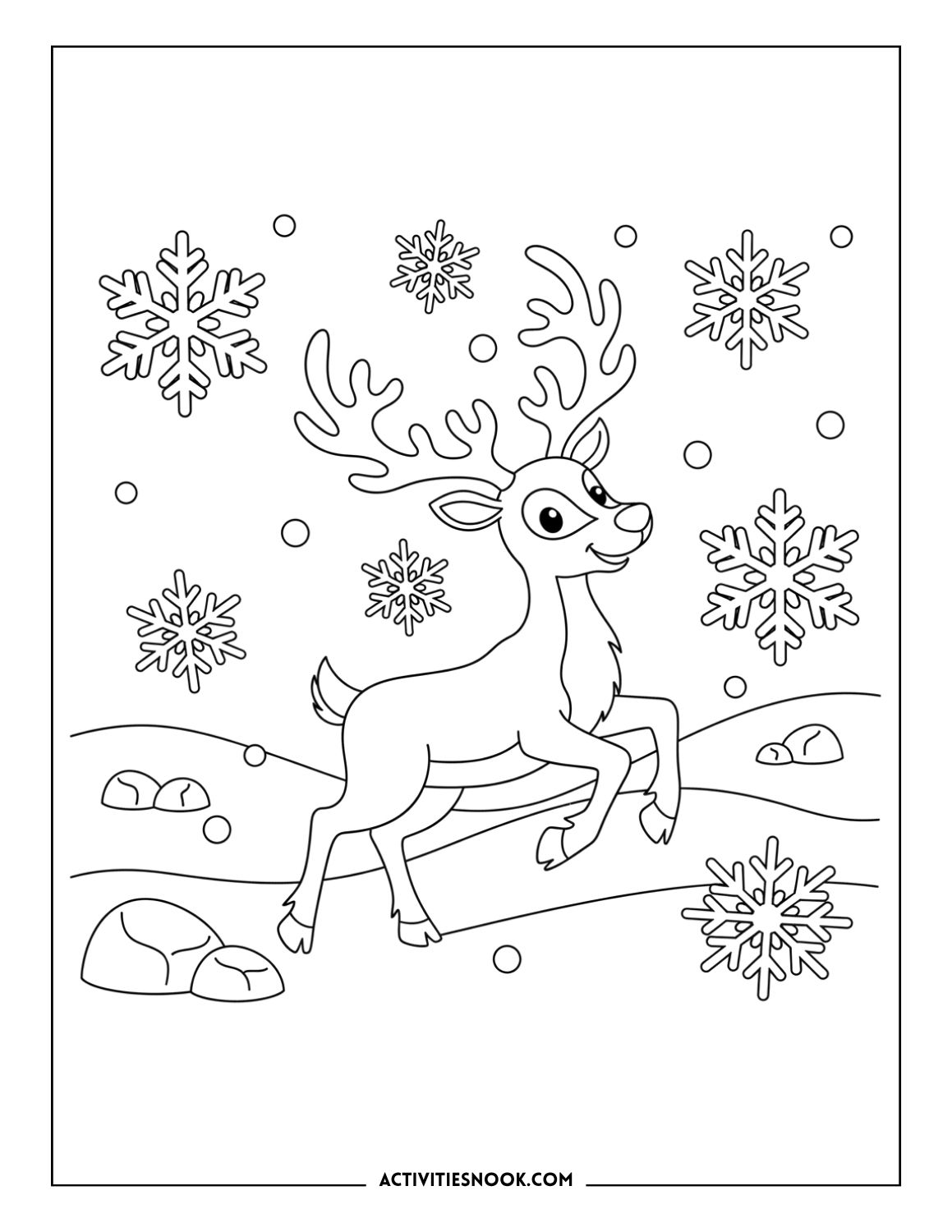 Smiling reindeer walking through falling snowflakes in a winter landscape.