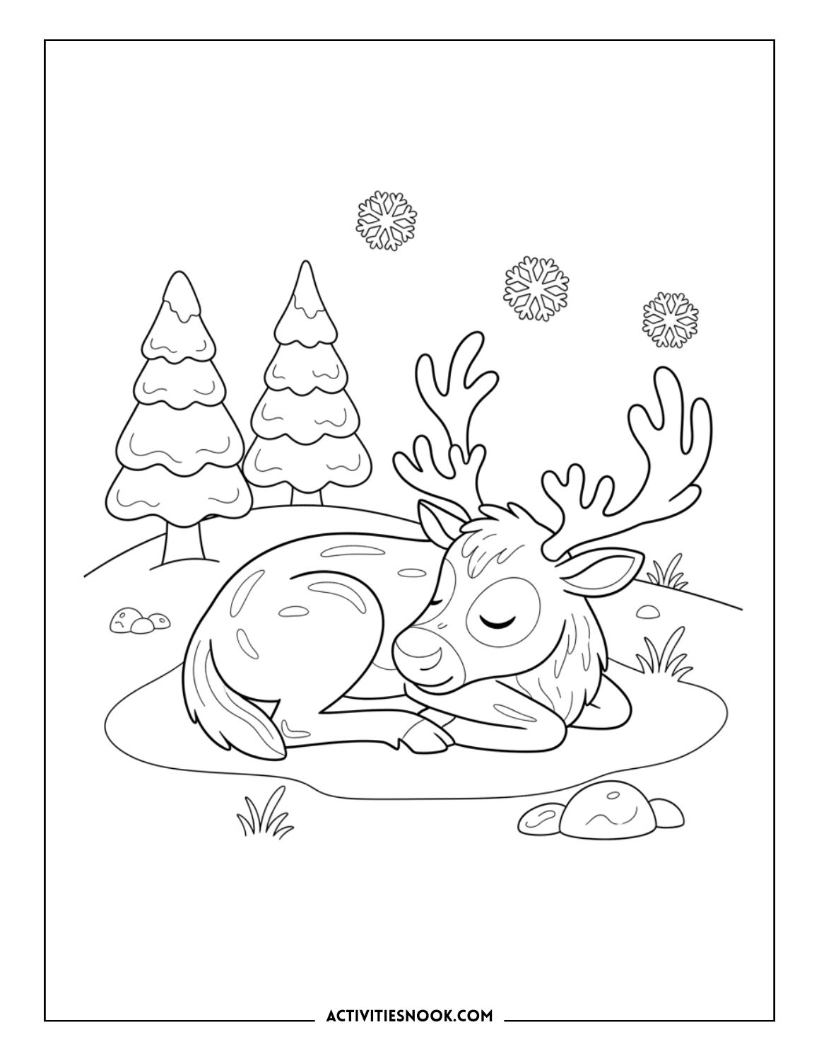 Reindeer sleeping on snowy ground surrounded by pine trees and snowflakes.