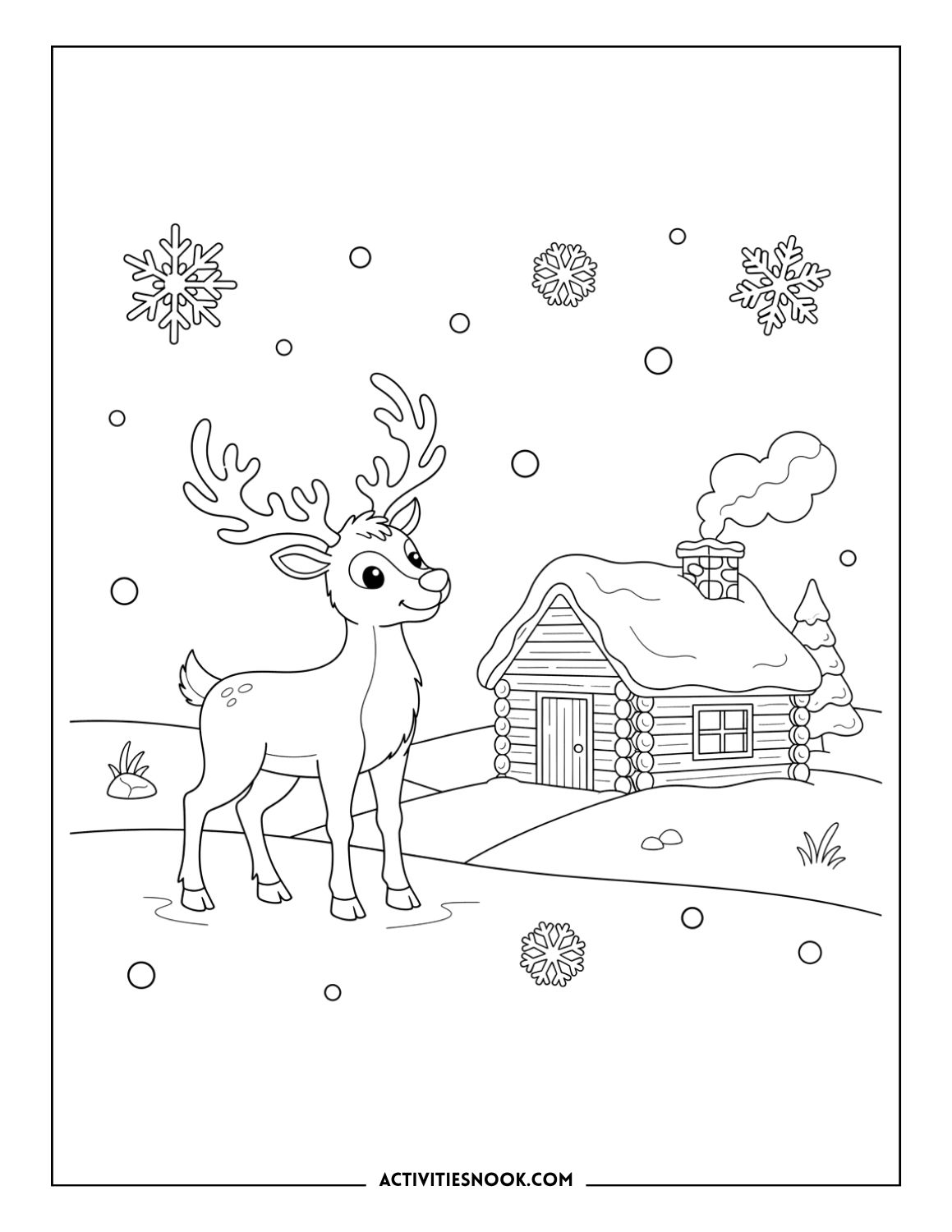 Reindeer standing beside a cozy wooden cabin on a snowy hill with falling snow.