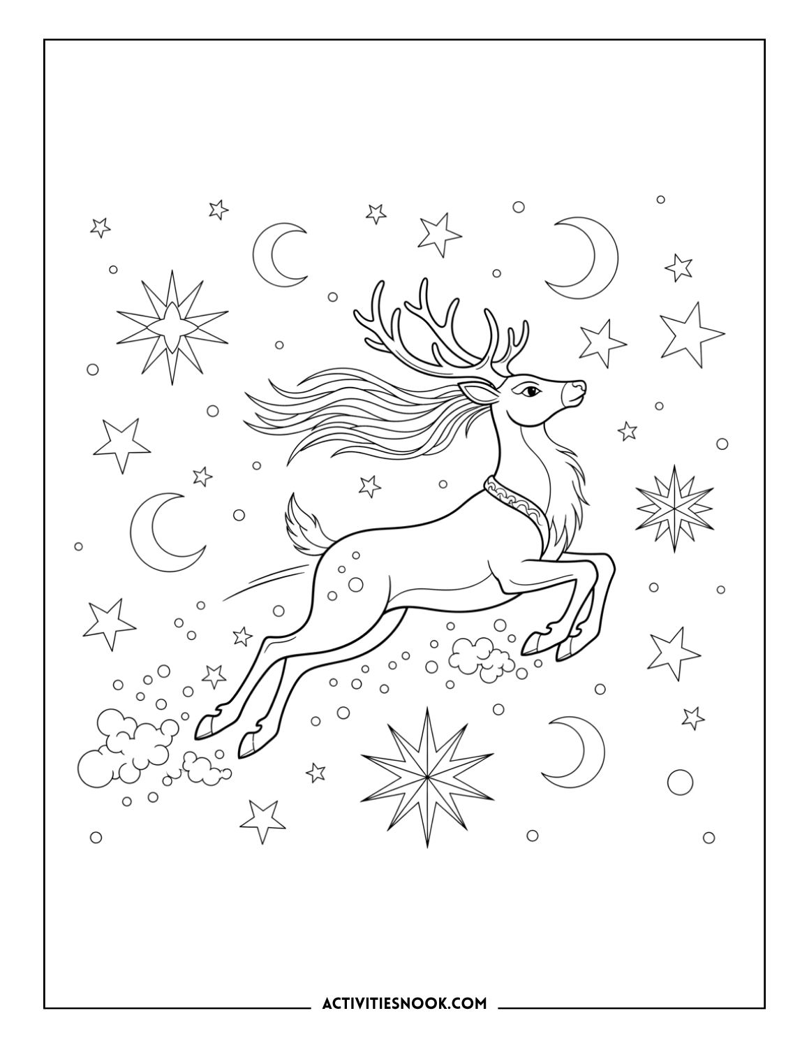 Reindeer with flowing mane jumping among stars and moons in a night sky.