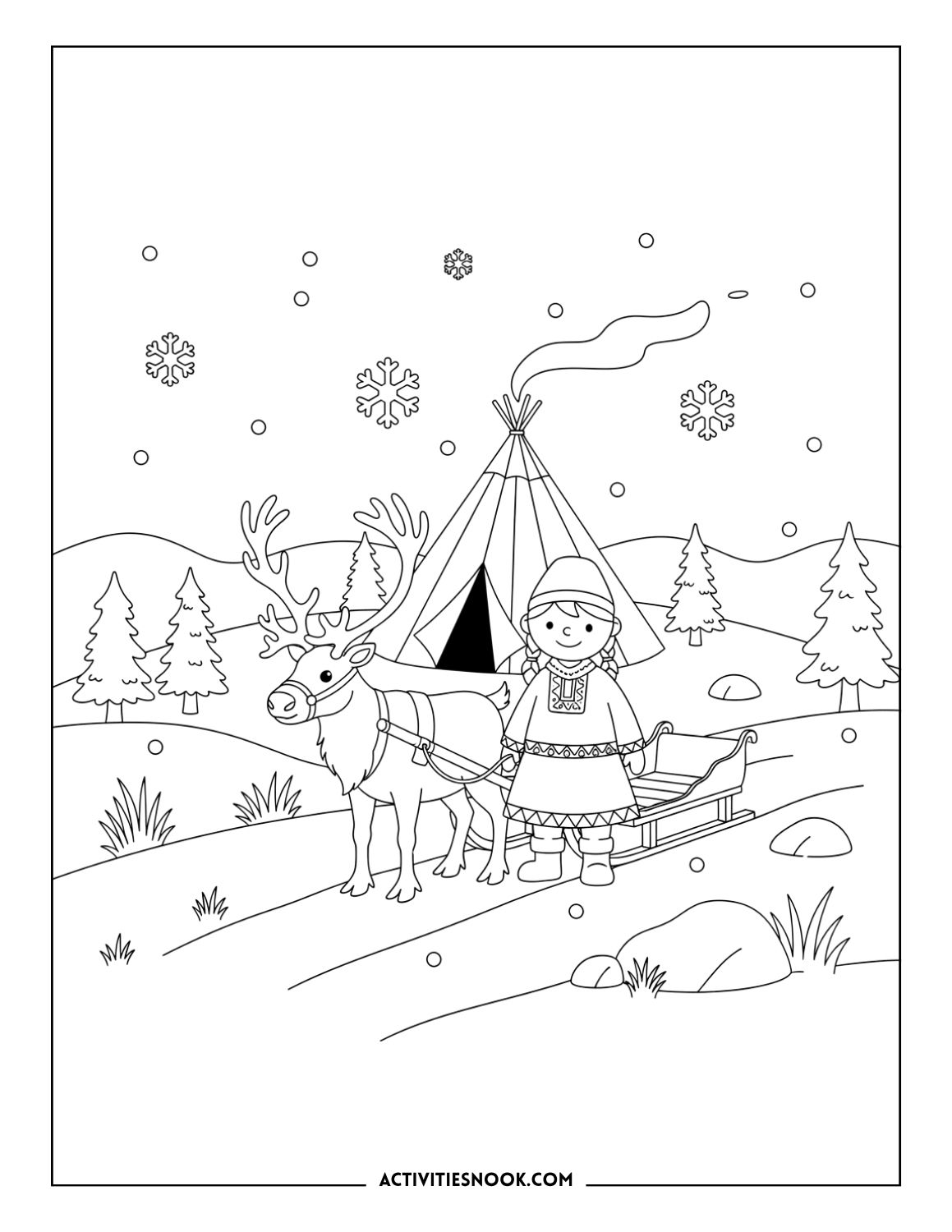 Reindeer pulling a sled beside a Sámi person and traditional tent in a winter forest.