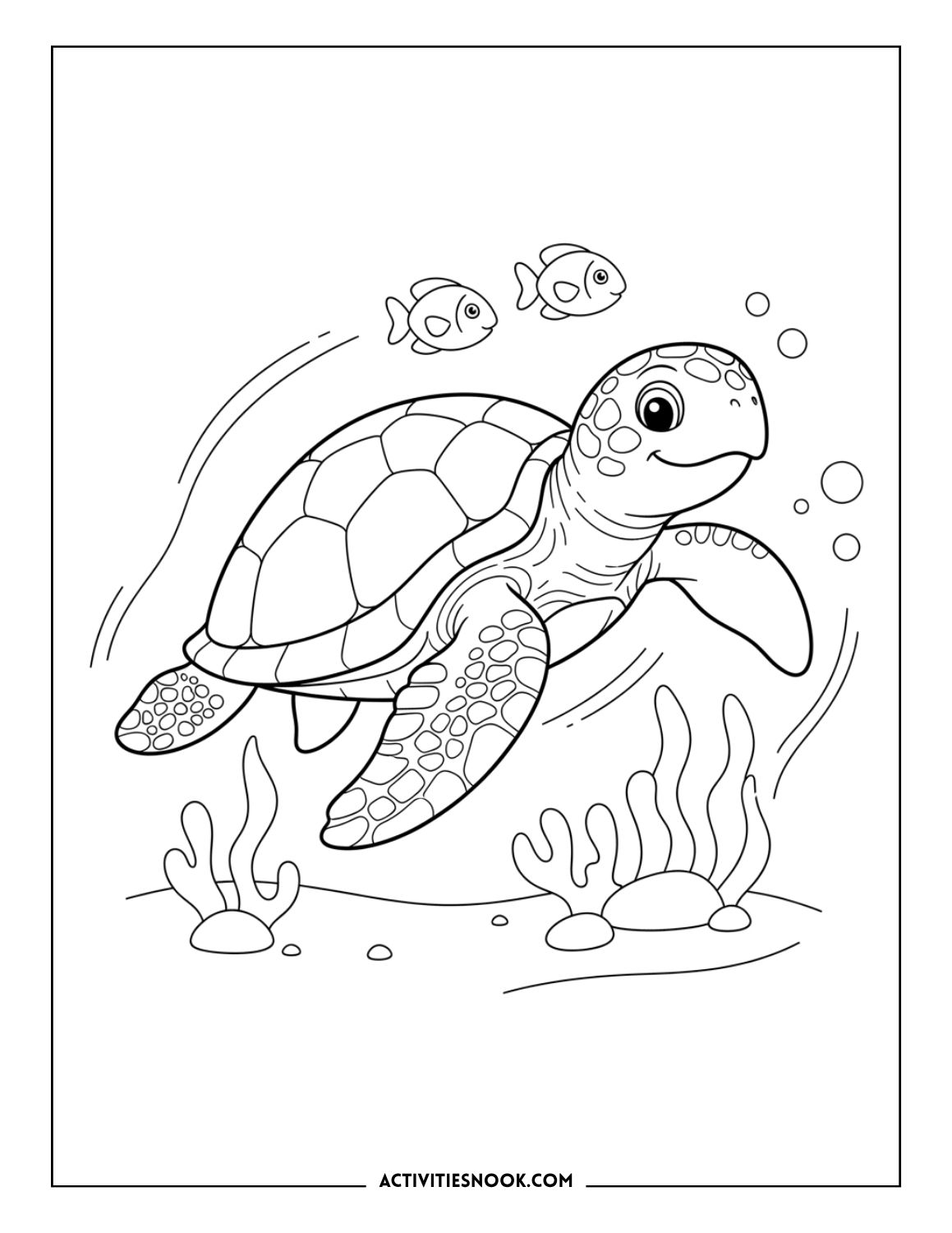 Cute sea turtle swimming underwater with fish and coral reef coloring page.