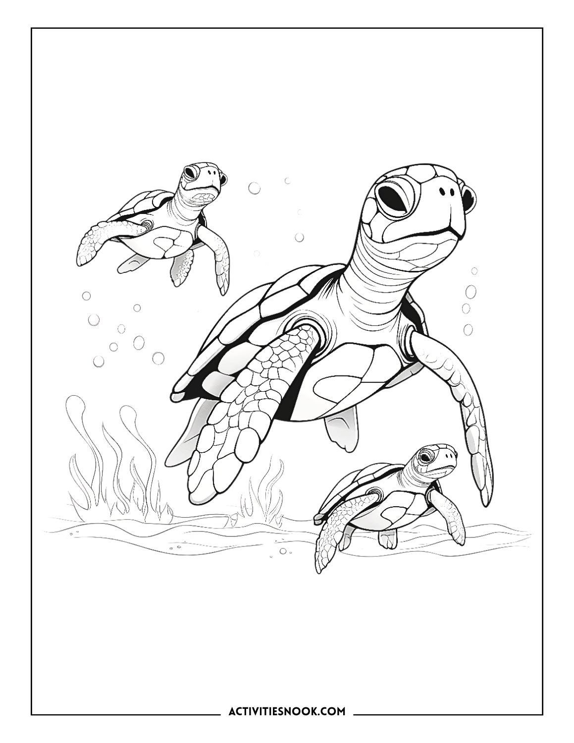Three sea turtles swimming underwater near seaweed and bubbles realistic coloring page.