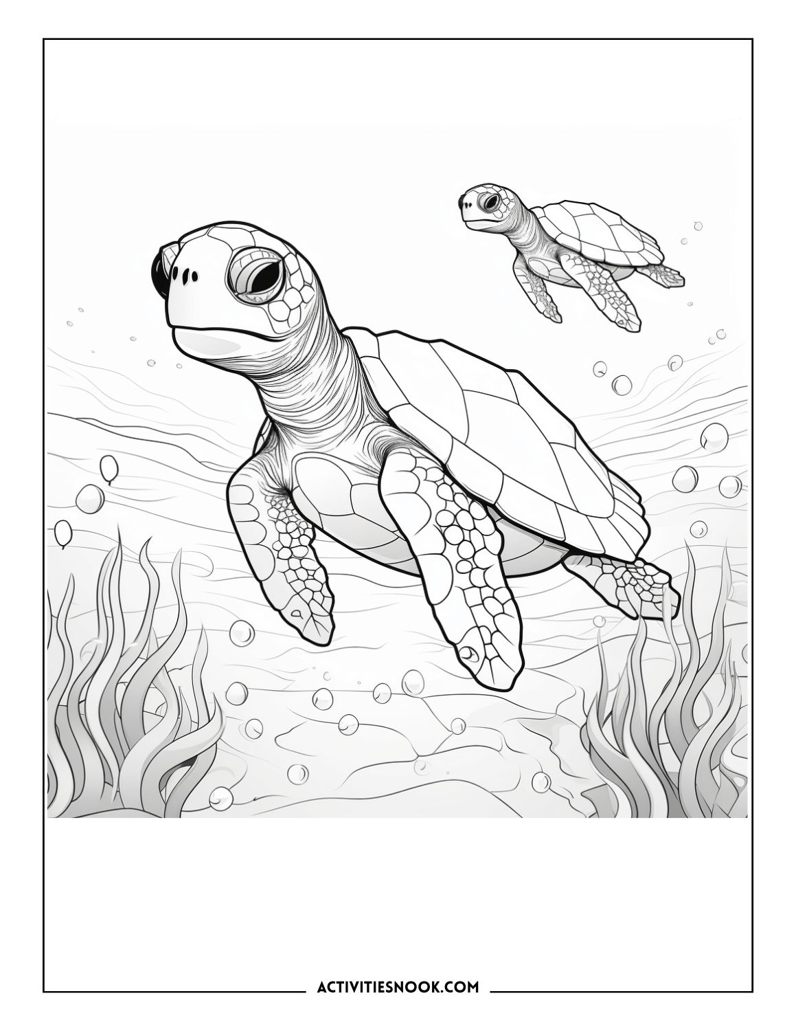 Realistic sea turtles underwater with bubbles and sea plants coloring sheet.