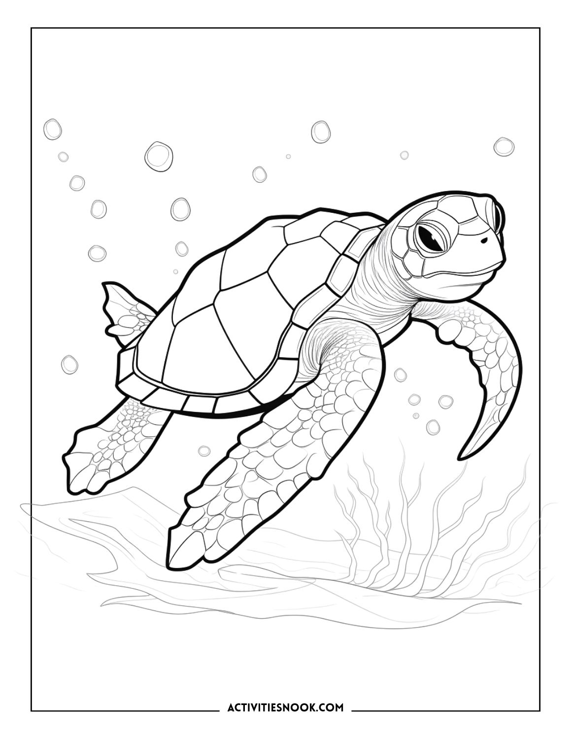 Single sea turtle swimming underwater with bubbles and seaweed coloring page.