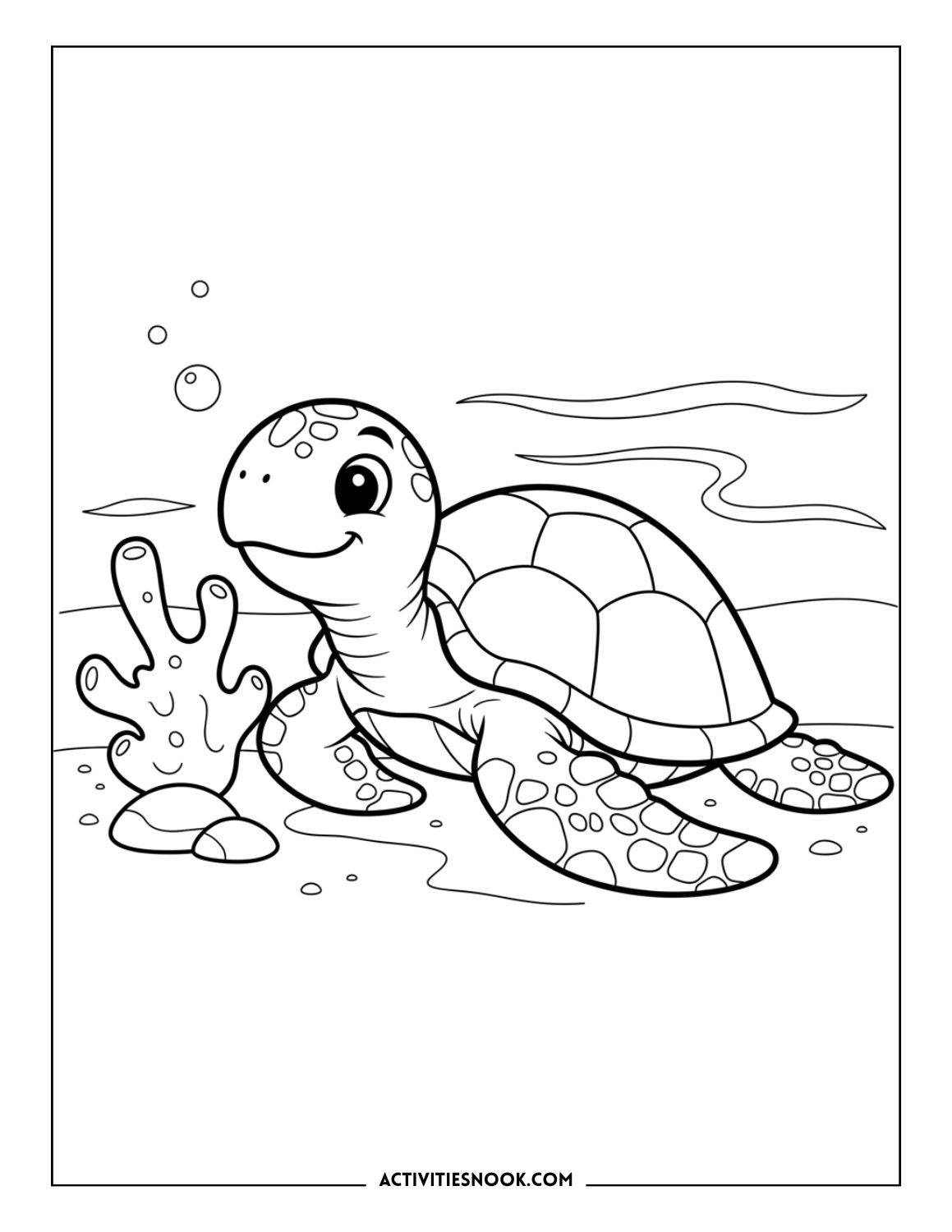 Sea turtle sitting on sand beside coral in underwater ocean scene coloring page.