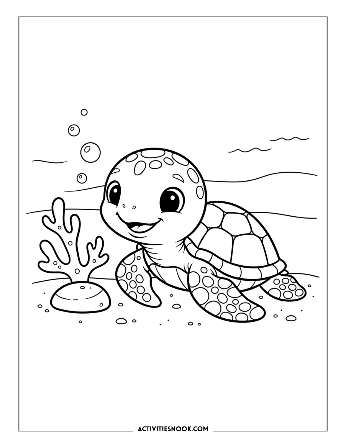 Smiling baby sea turtle underwater near coral and sand, easy ocean coloring page for children.