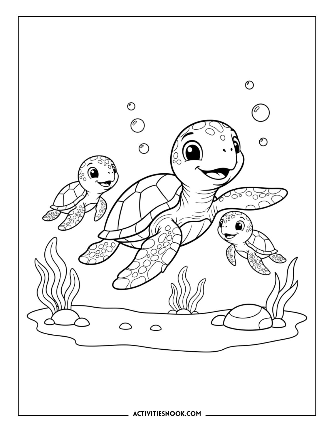 Group of sea turtles swimming underwater with seaweed, family ocean coloring page.