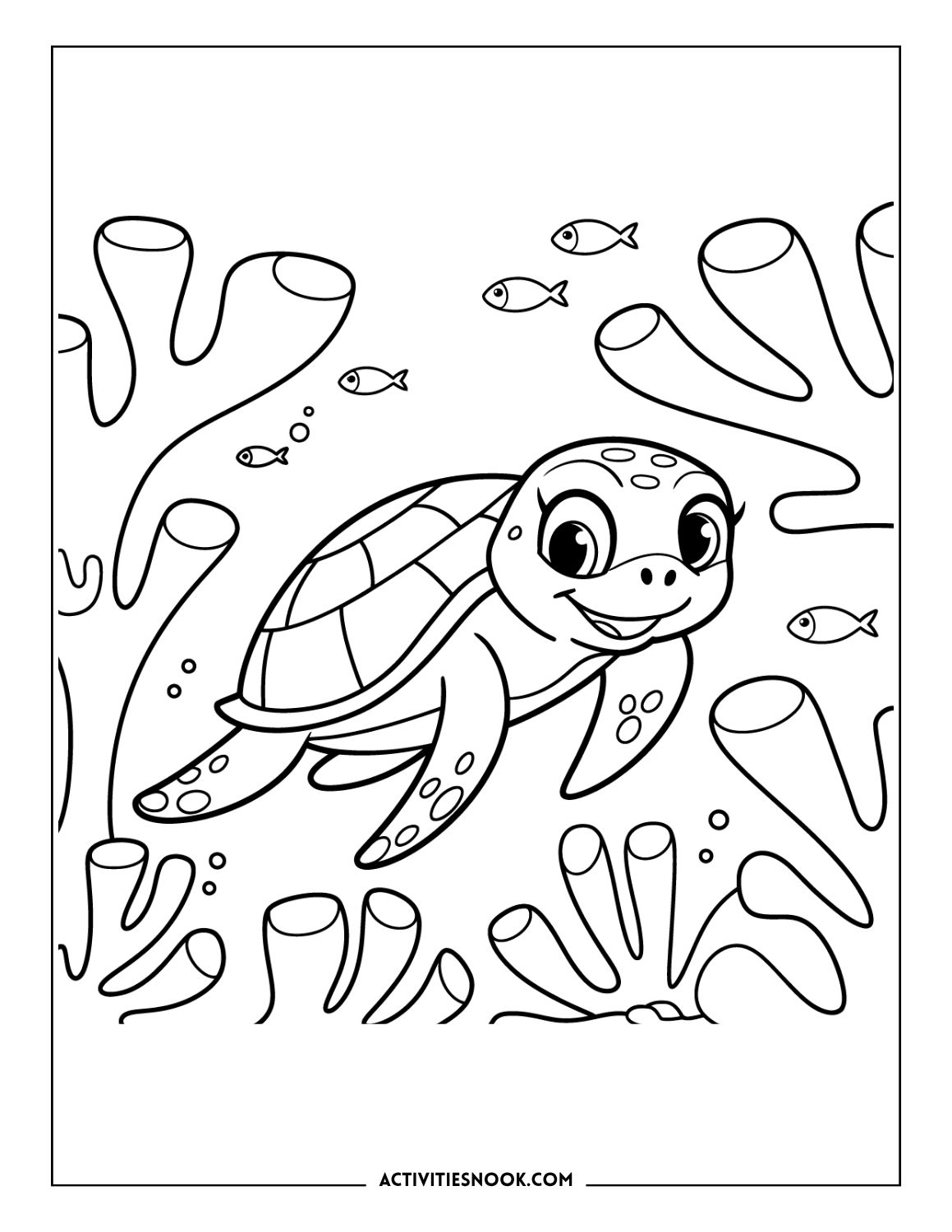 Sea turtle swimming among coral and fish underwater, reef coloring page for kids.