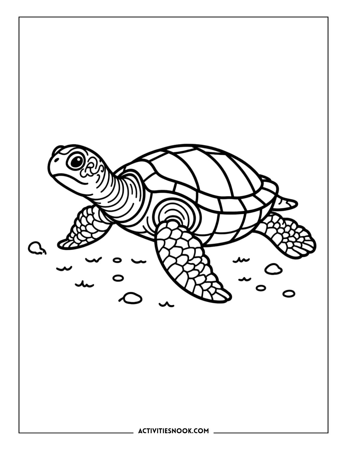 Realistic sea turtle walking on sand underwater, detailed marine life coloring page.