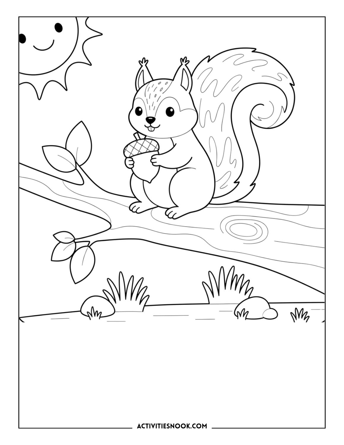 cartoon squirrel holding an acorn on a branch with leaves and a smiling sun, simple coloring page