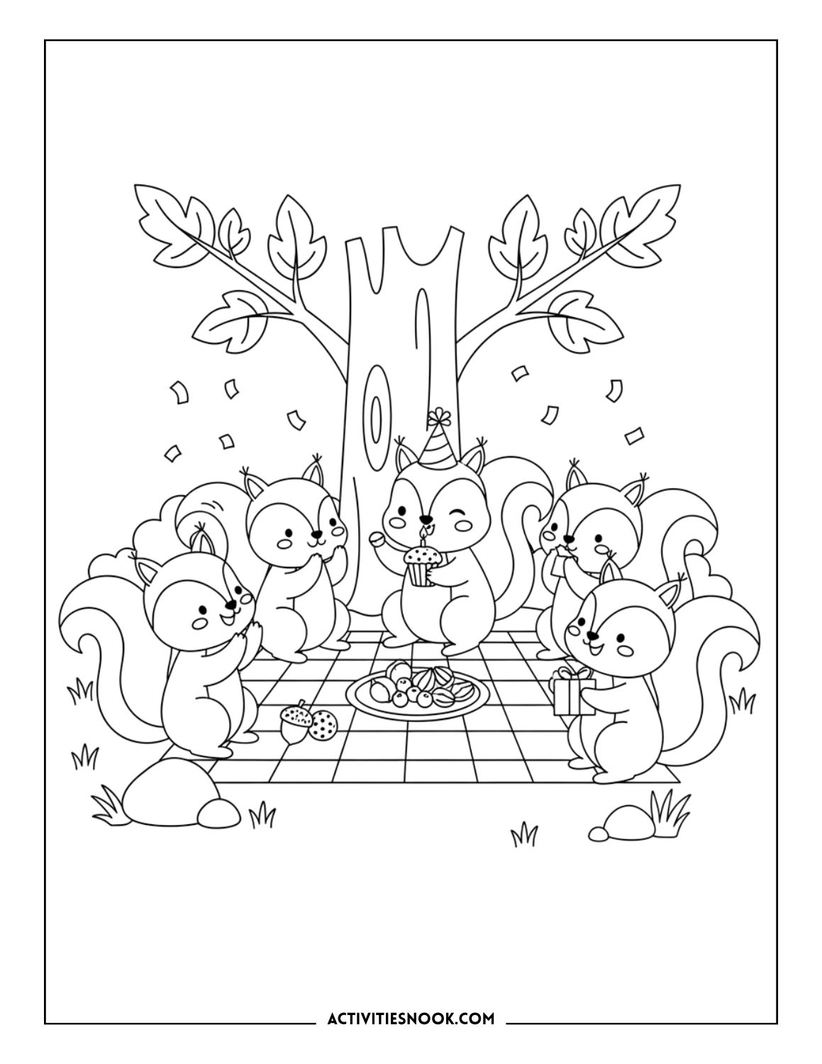 group of squirrels sitting on picnic blanket under a tree celebrating a birthday party, forest animal coloring page