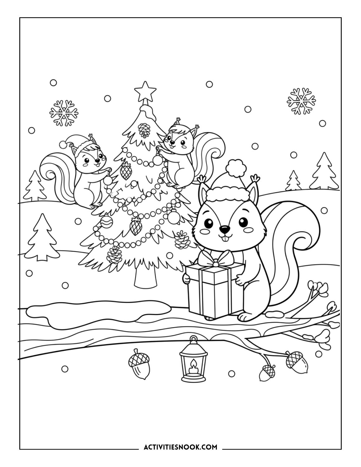 squirrels decorating a Christmas tree with ornaments and snowflakes, winter holiday coloring page