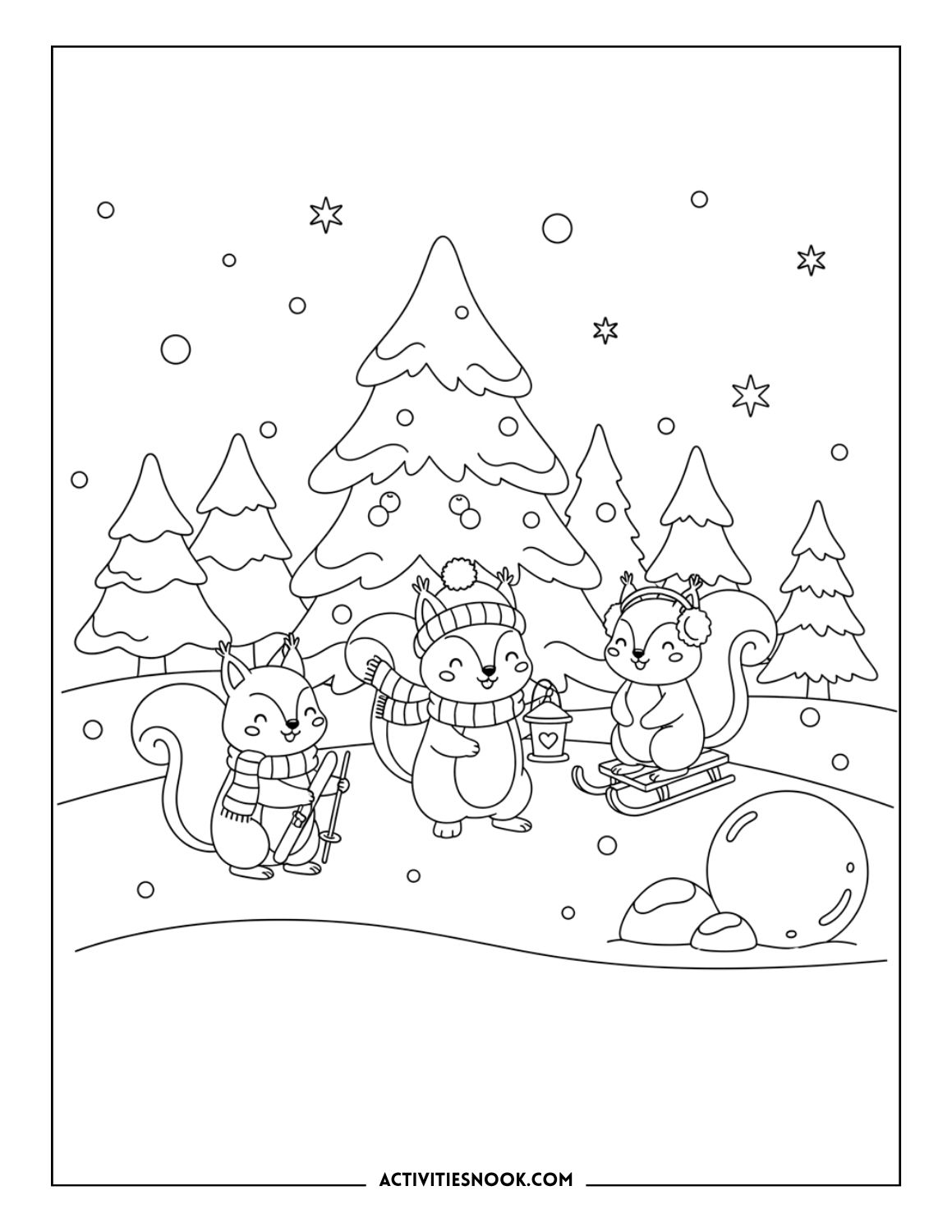 squirrels skiing and sledding in a snowy pine forest, winter animal coloring page