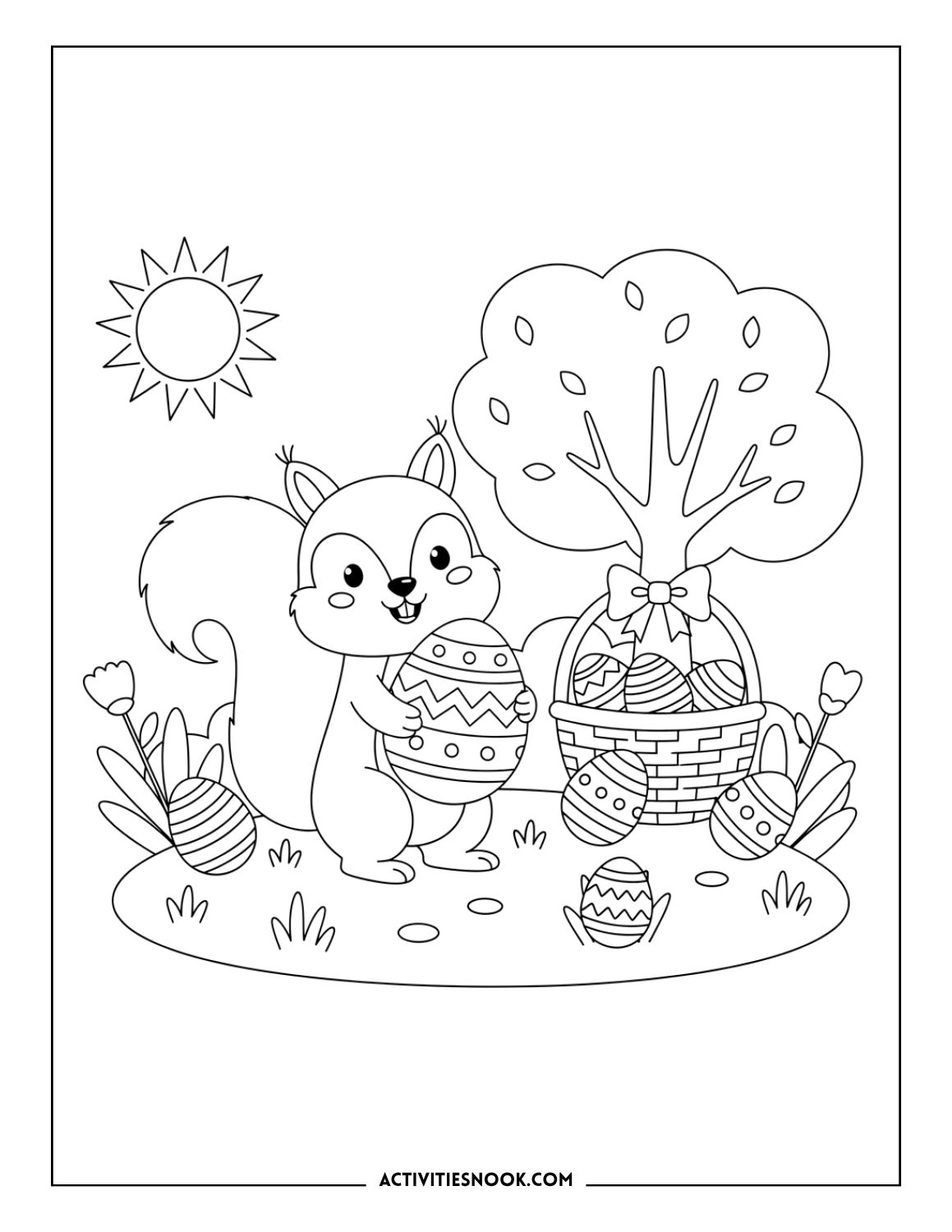 squirrel with Easter eggs and basket in spring meadow, holiday coloring sheet for kids