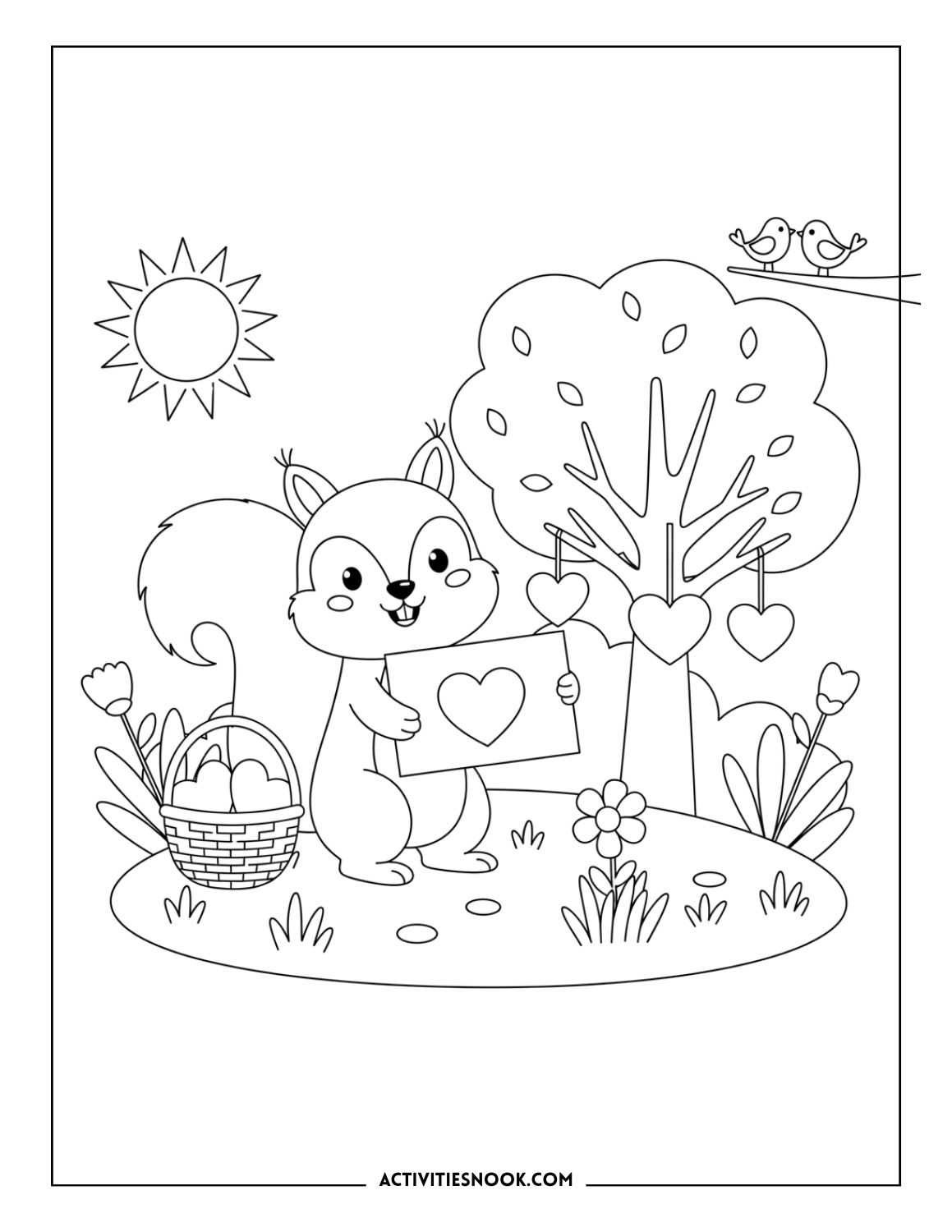 squirrel holding heart card near tree with hearts and flowers, Valentine’s Day coloring page
