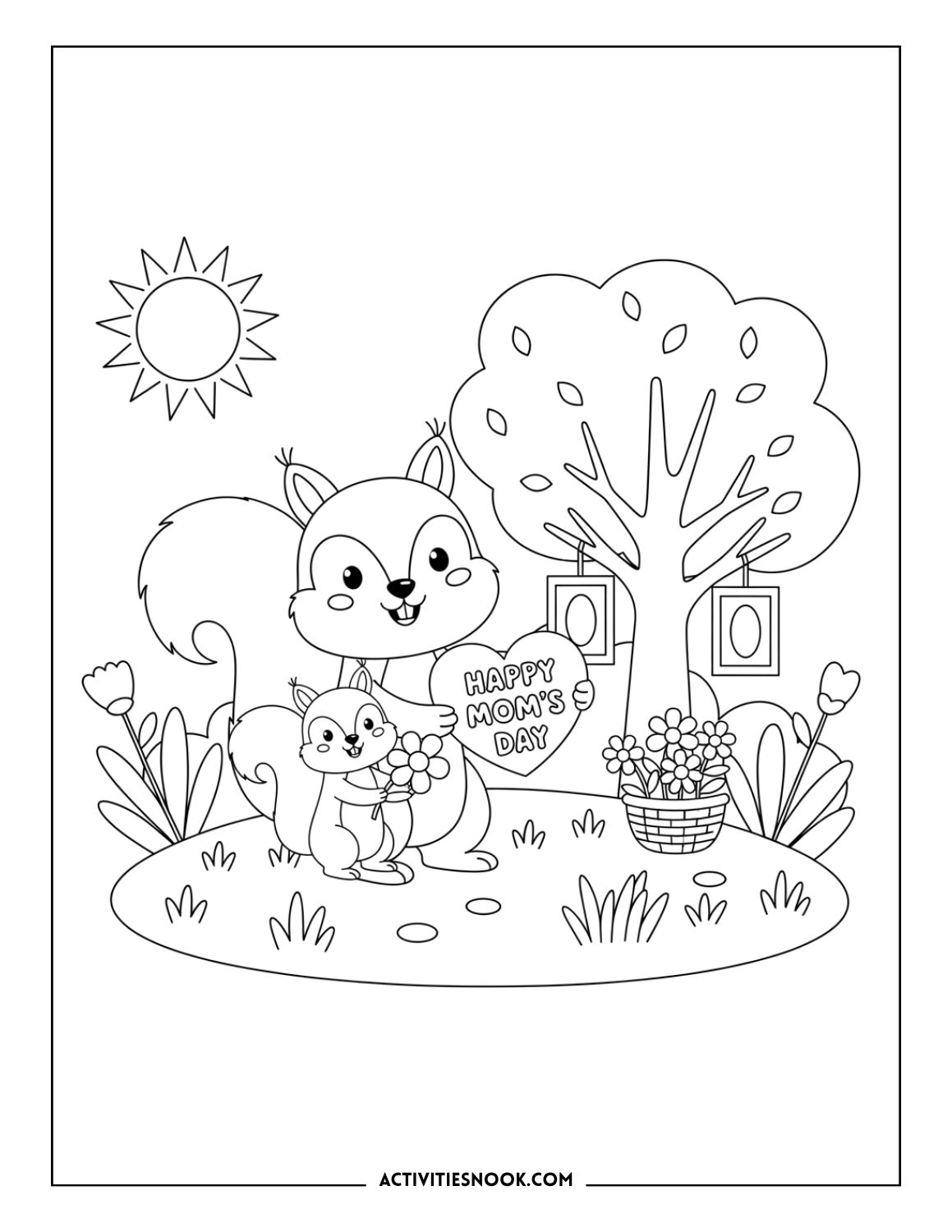 Mother's Day coloring page: Cute squirrel family with a heart sign, baby squirrel, and spring flowers by a tree.