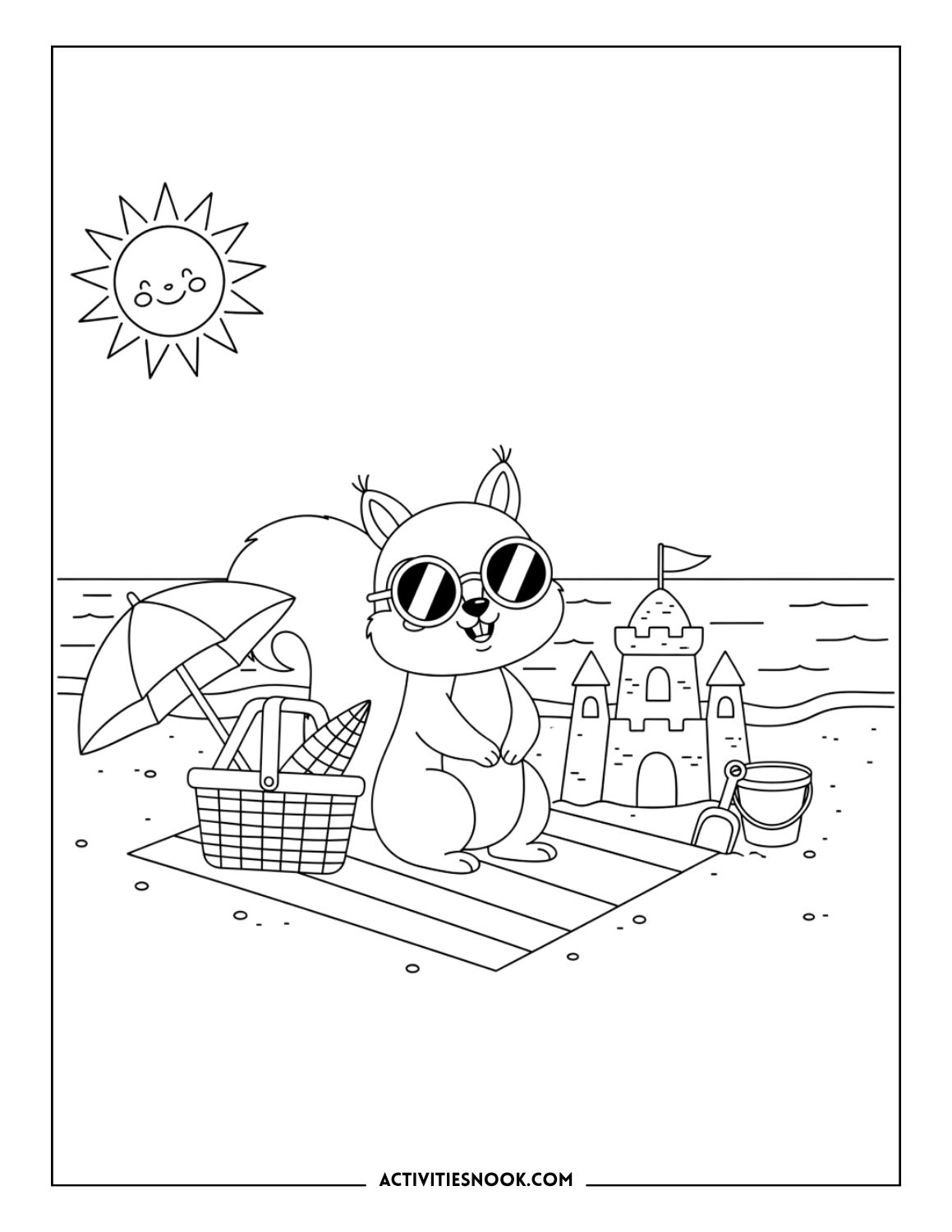 Summer vacation coloring page: Squirrel with sunglasses, sandcastle, beach umbrella, and a picnic basket on a sunny beach.