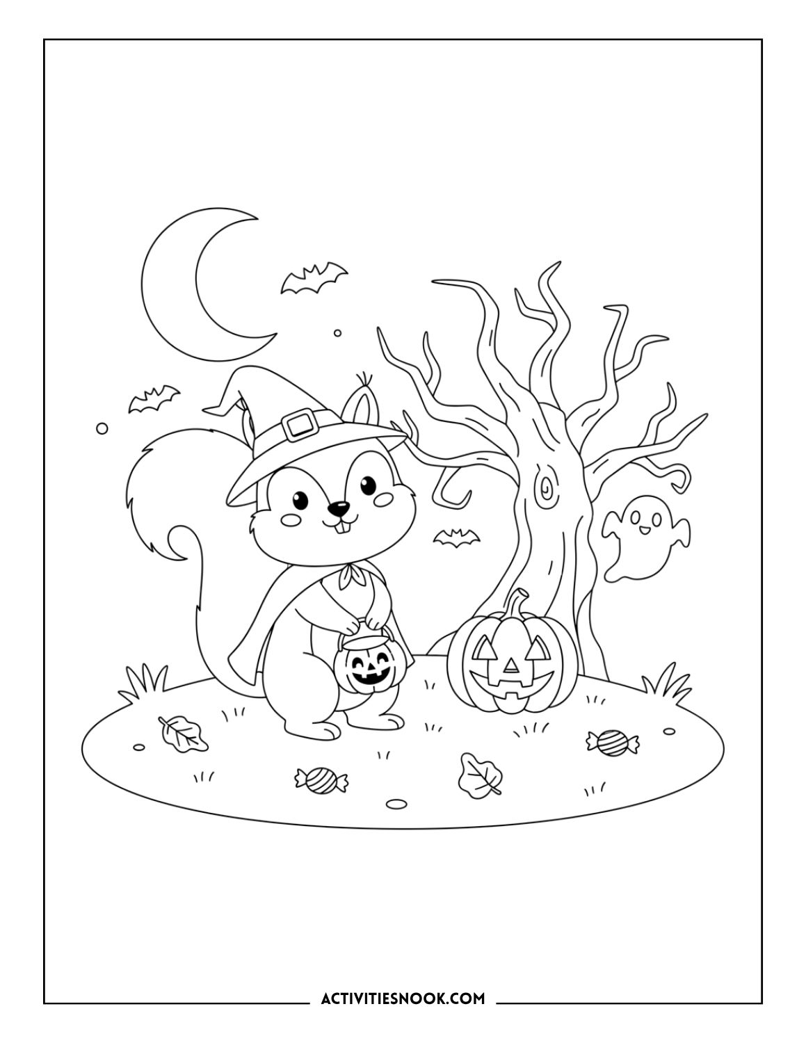 Halloween coloring page: Squirrel in a witch hat with a trick-or-treat pail, ghost, bats, and a jack-o'-lantern at night.