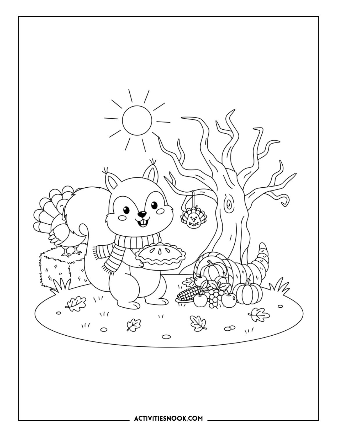 Thanksgiving coloring page: Squirrel in a scarf holding a pie next to a turkey and a large cornucopia with fall leaves and produce.